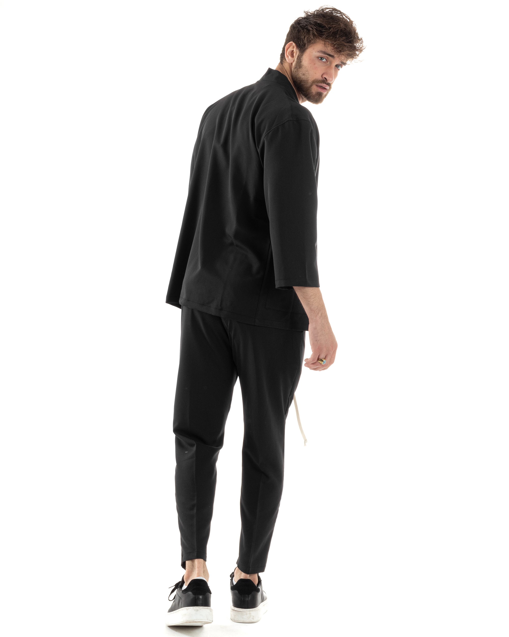 Kimono-Set für Herren aus Viskose, bestehend aus Jacke und Hose, Schwarz, Lässig, Elegant, GIOSAL-OU2445A