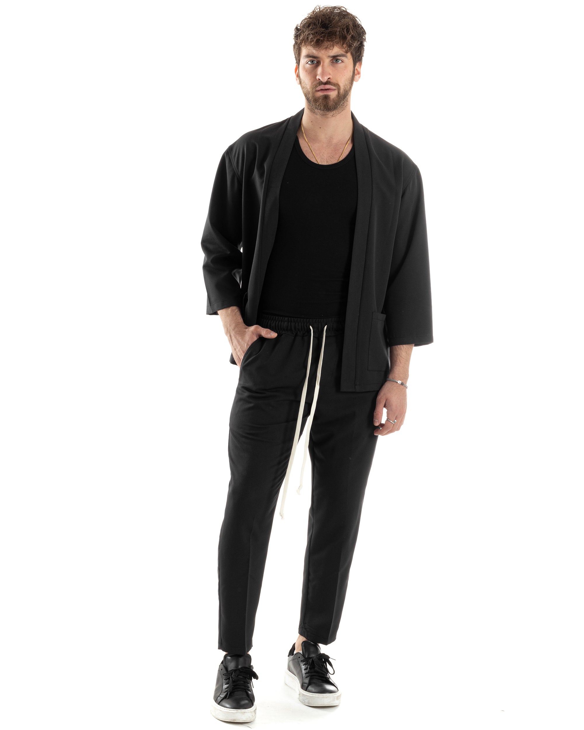 Kimono-Set für Herren aus Viskose, bestehend aus Jacke und Hose, Schwarz, Lässig, Elegant, GIOSAL-OU2445A