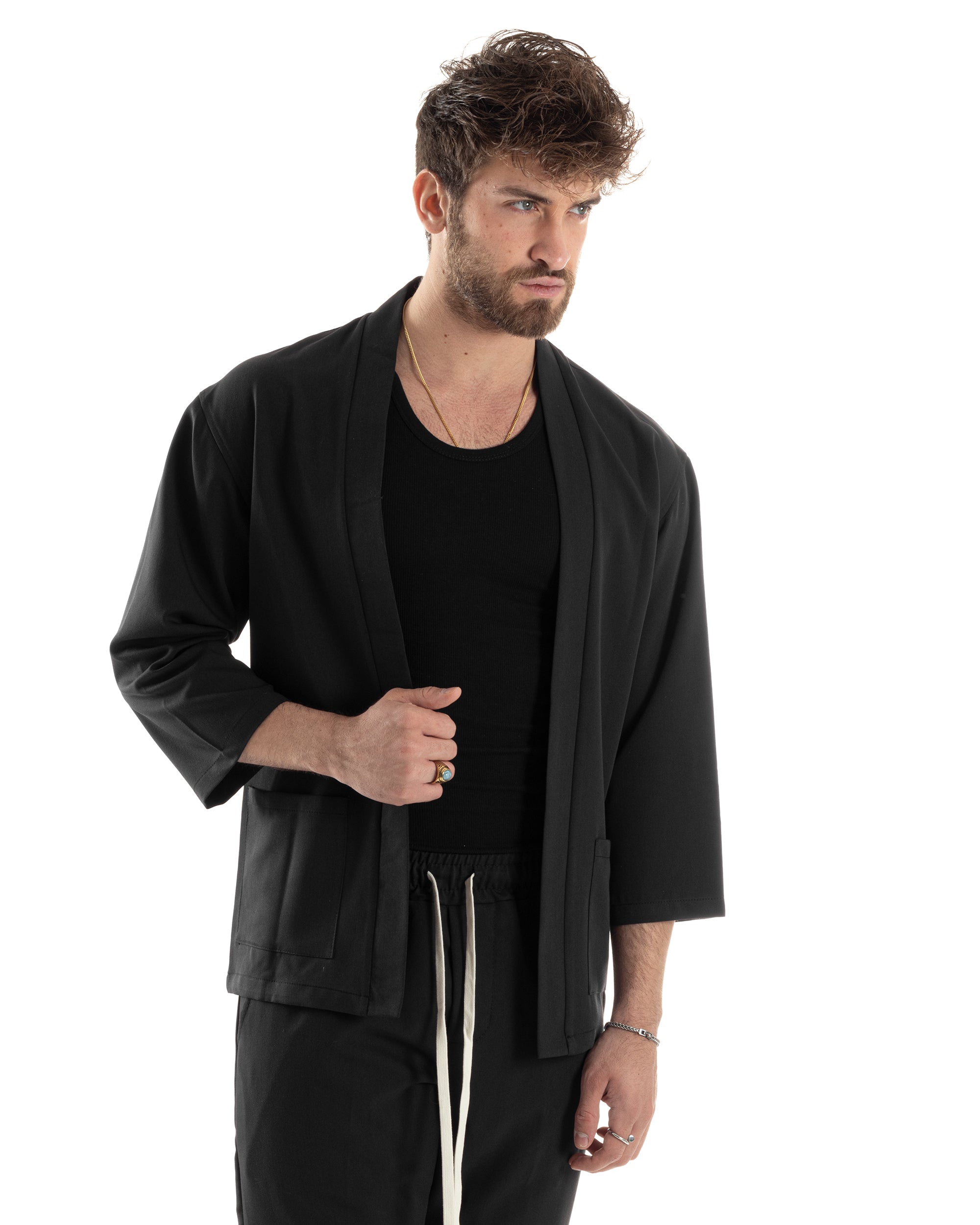 Kimono-Set für Herren aus Viskose, bestehend aus Jacke und Hose, Schwarz, Lässig, Elegant, GIOSAL-OU2445A