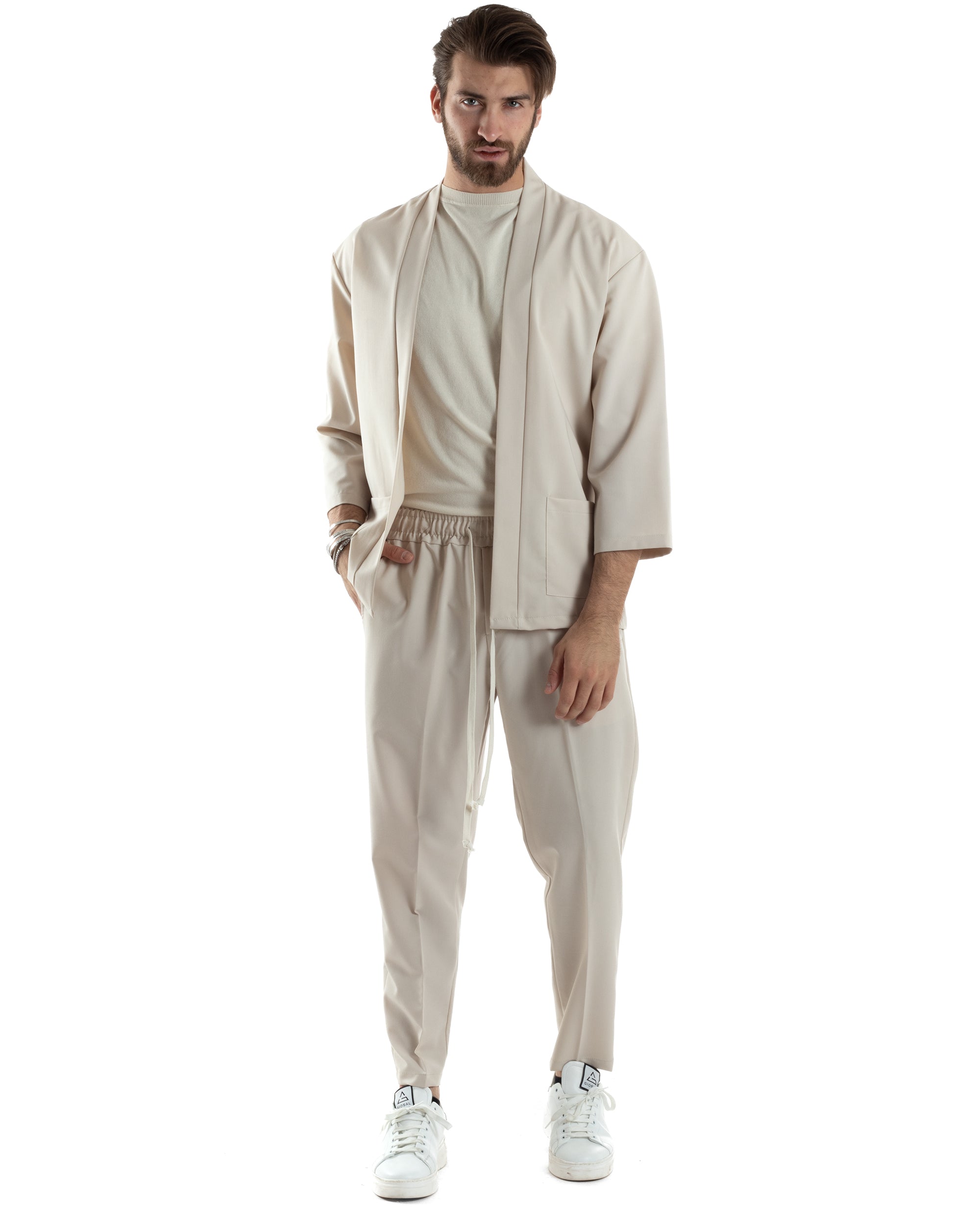 Completo Set Coordinato Uomo Viscosa Giacca Kimono Pantaloni Beige Casual Elegante GIOSAL OU2446A