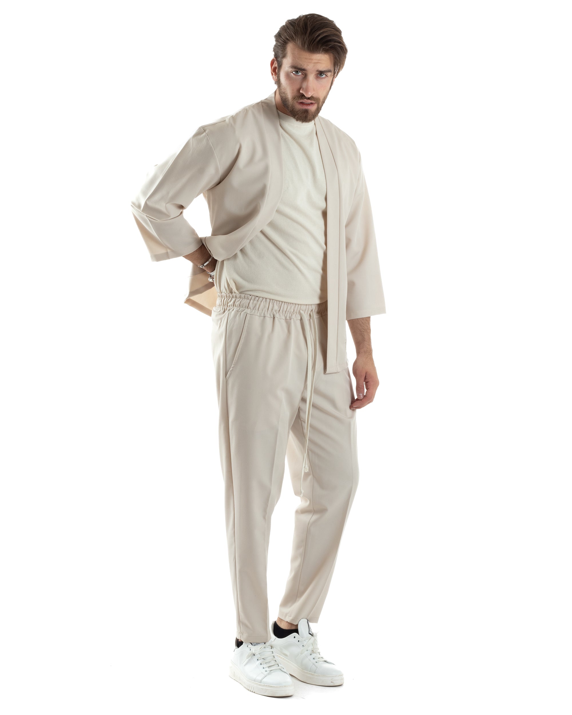 Herren-Kimono-Set aus Viskose, Jacke und Hose, Beige, lässig-elegant, GIOSAL-OU2446A