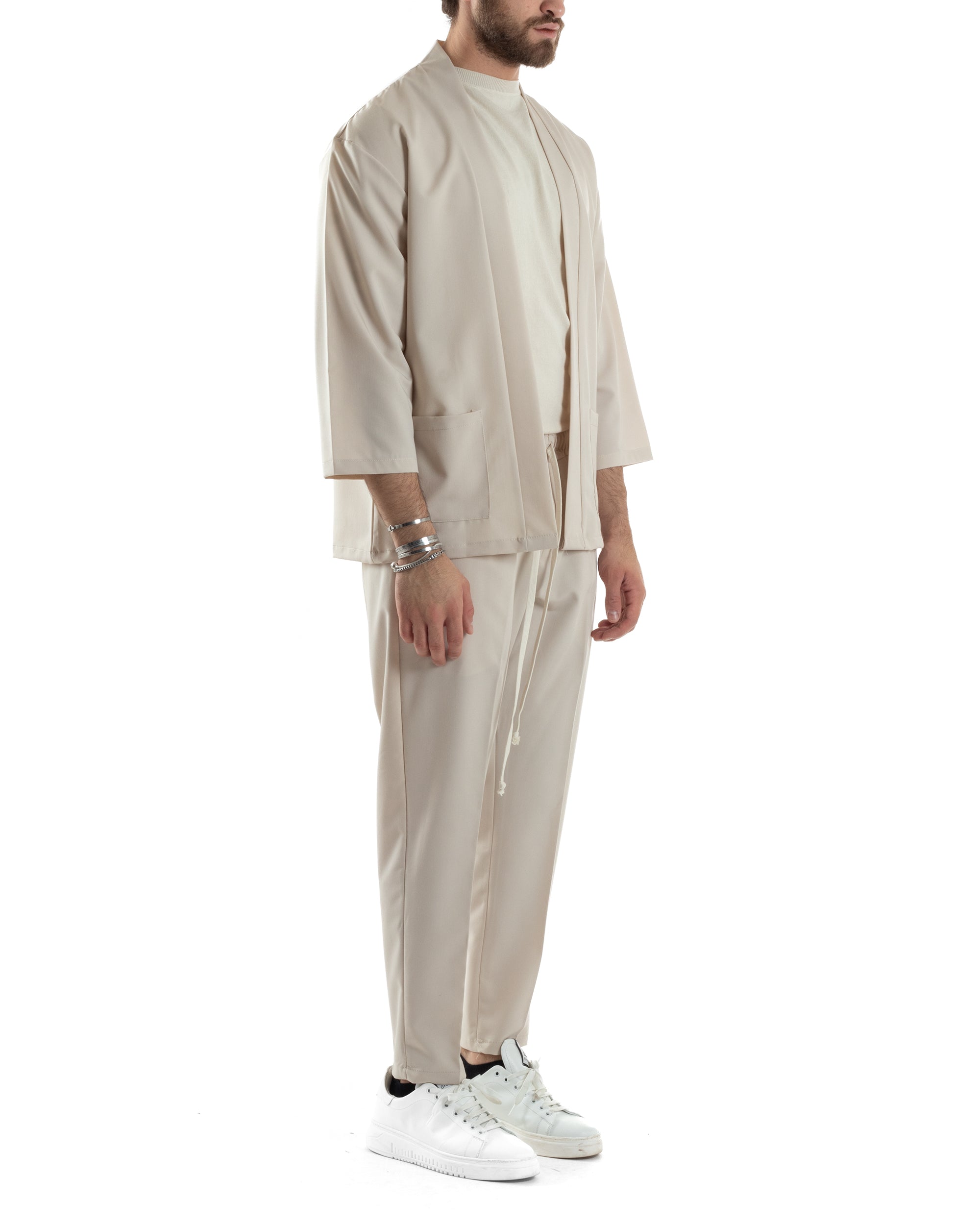 Herren-Kimono-Set aus Viskose, Jacke und Hose, Beige, lässig-elegant, GIOSAL-OU2446A