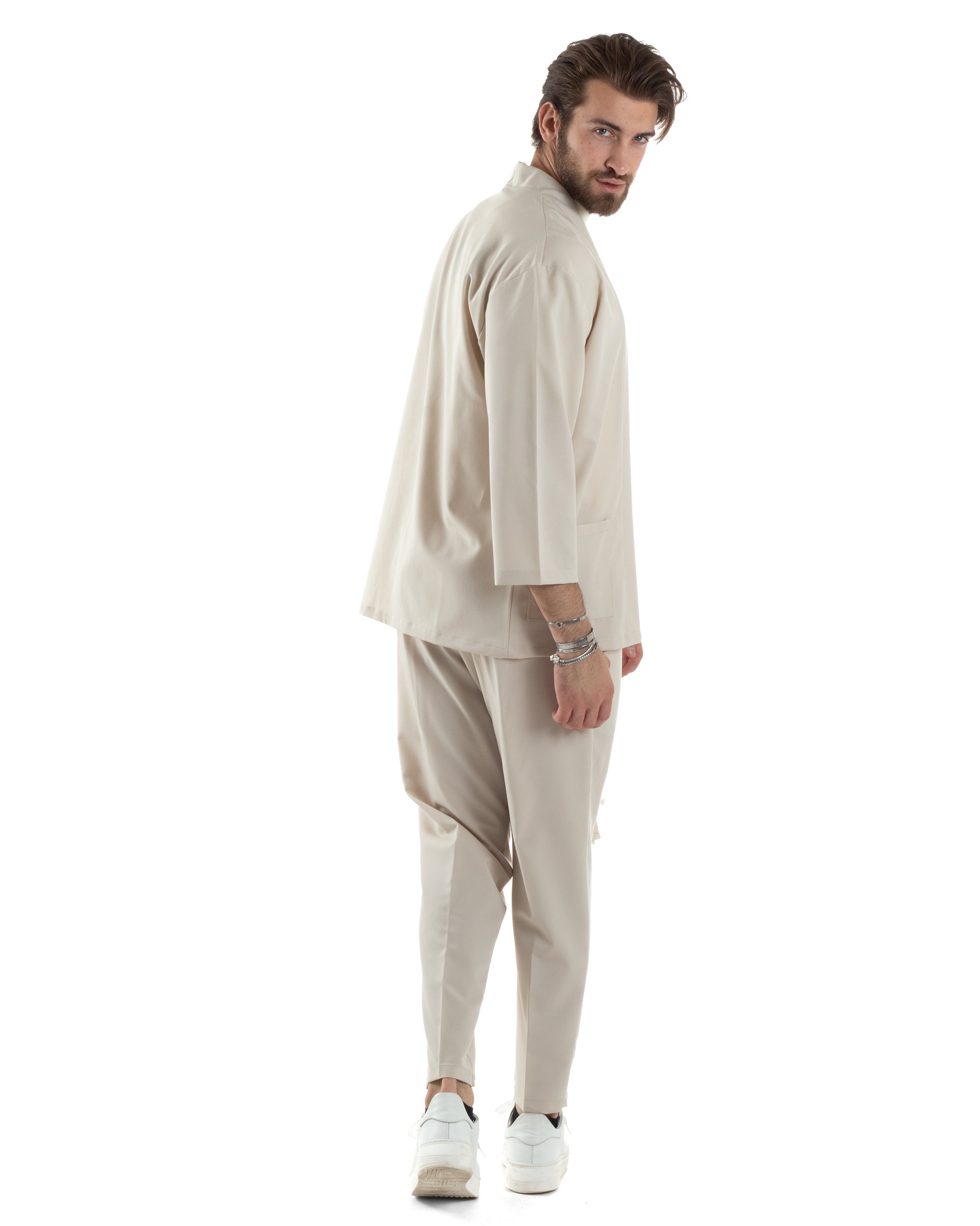 Herren-Kimono-Set aus Viskose, Jacke und Hose, Beige, lässig-elegant, GIOSAL-OU2446A