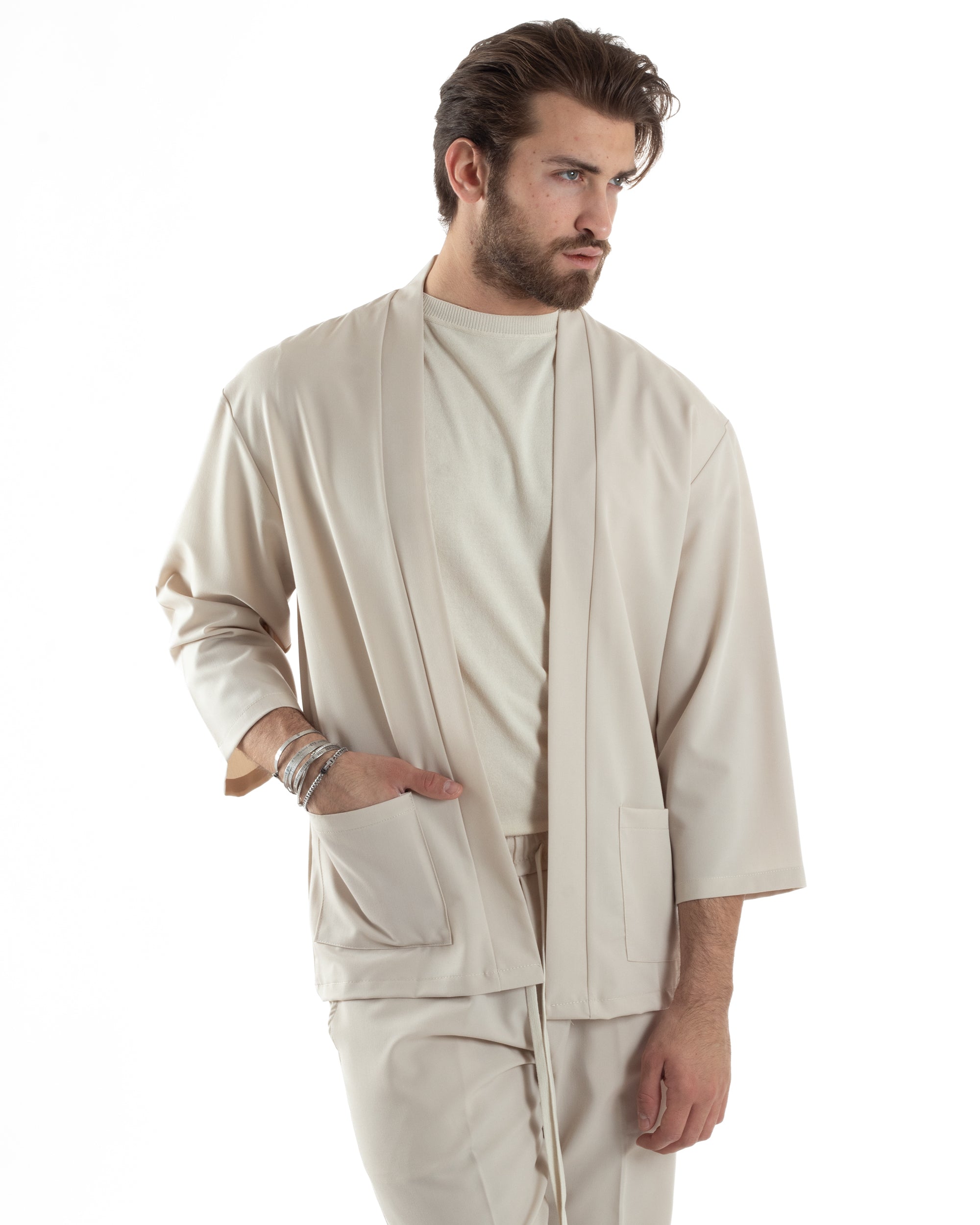 Herren-Kimono-Set aus Viskose, Jacke und Hose, Beige, lässig-elegant, GIOSAL-OU2446A
