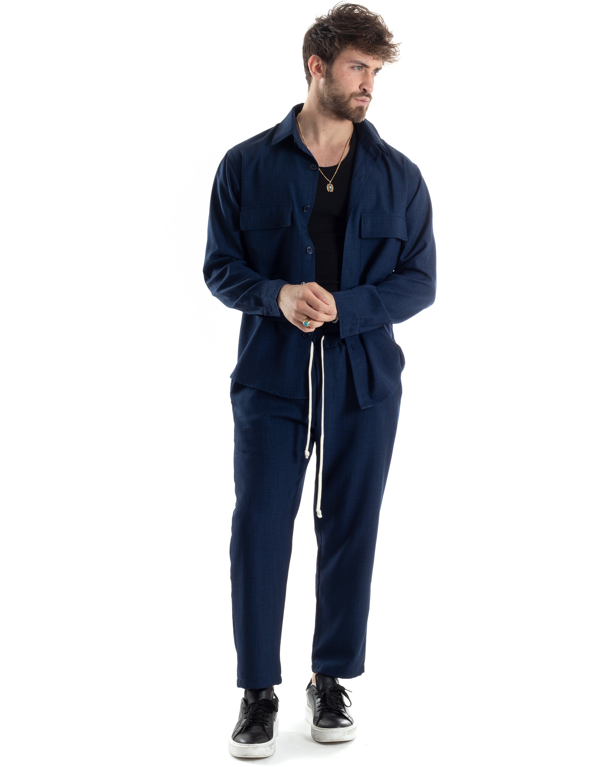 Completo Set Coordinato Uomo Viscosa Camicia Pantaloni Jogger Outfit Melangiato Blu GIOSAL-OU2451A