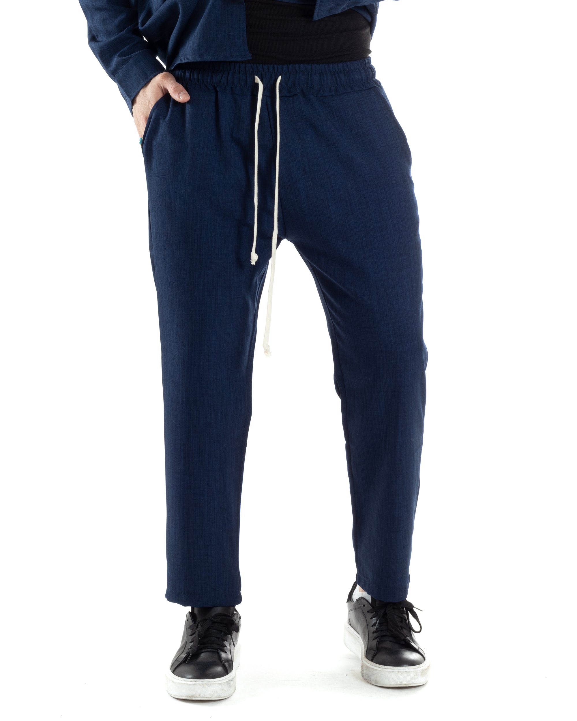 Completo Set Coordinato Uomo Viscosa Camicia Pantaloni Jogger Outfit Melangiato Blu GIOSAL-OU2451A