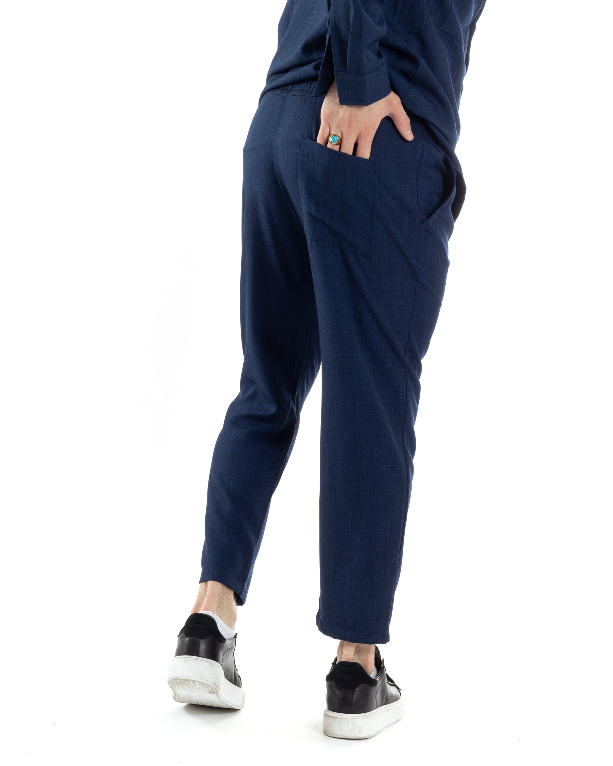 Completo Set Coordinato Uomo Viscosa Camicia Pantaloni Jogger Outfit Melangiato Blu GIOSAL-OU2451A
