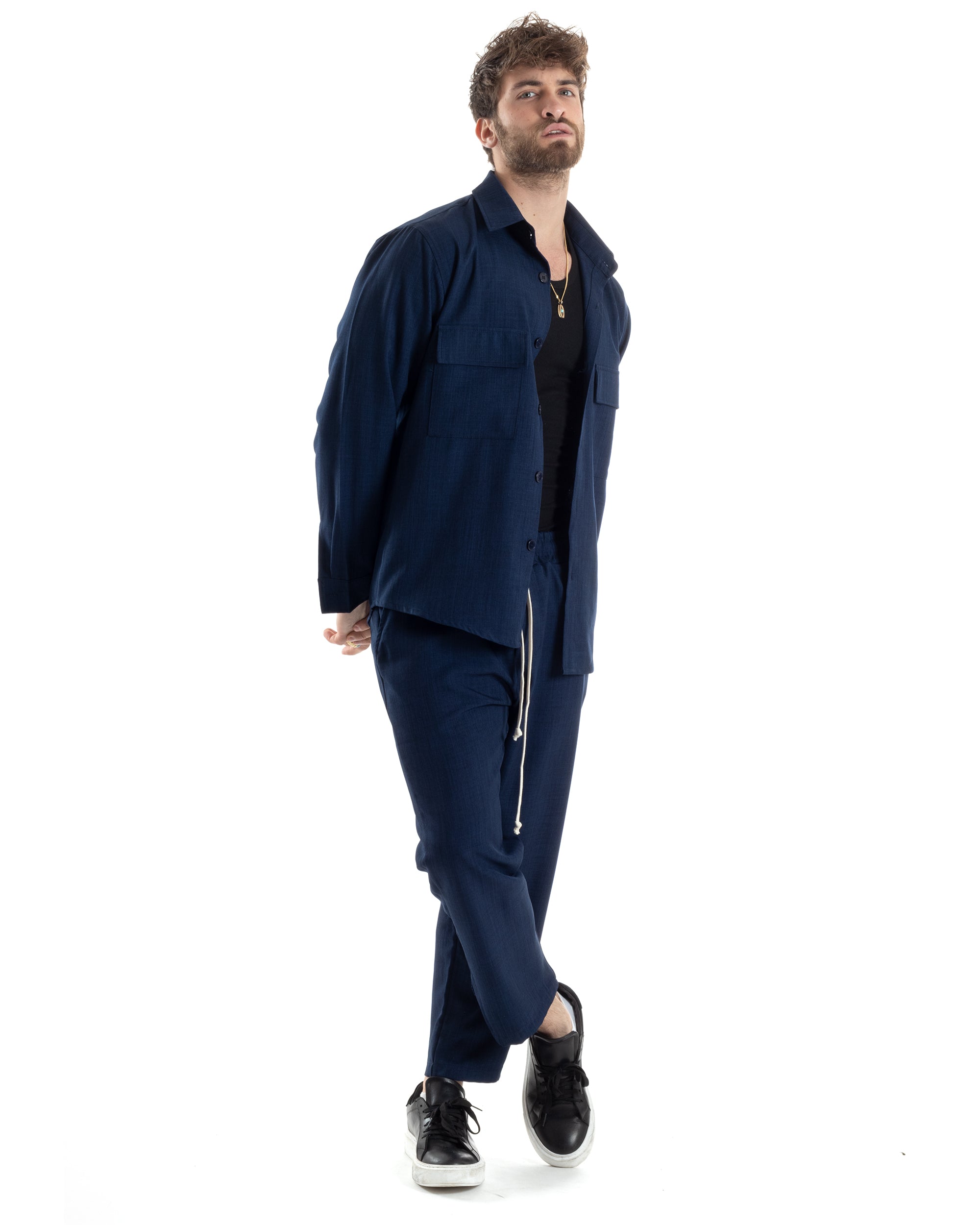 Completo Set Coordinato Uomo Viscosa Camicia Pantaloni Jogger Outfit Melangiato Blu GIOSAL-OU2451A