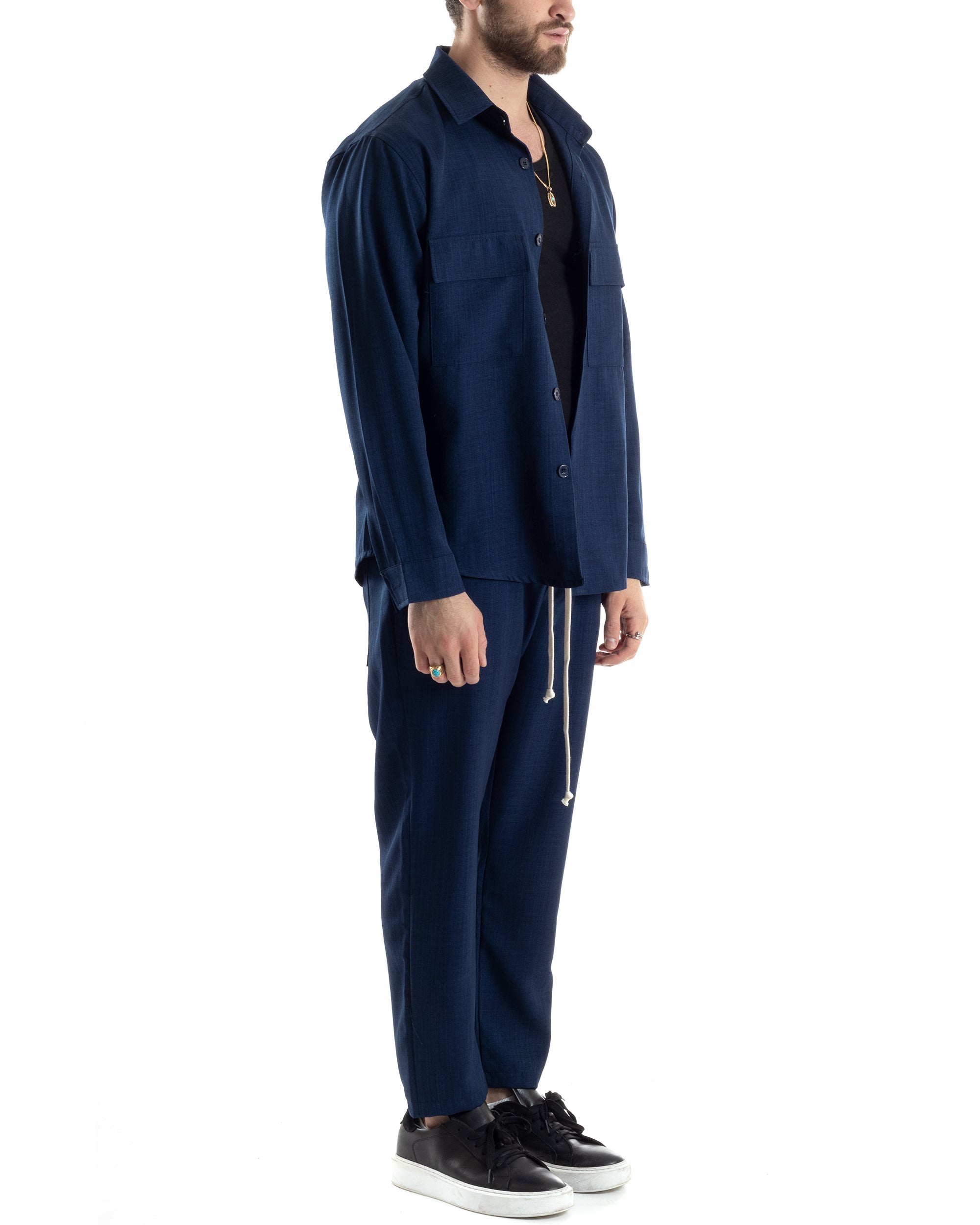Completo Set Coordinato Uomo Viscosa Camicia Pantaloni Jogger Outfit Melangiato Blu GIOSAL-OU2451A