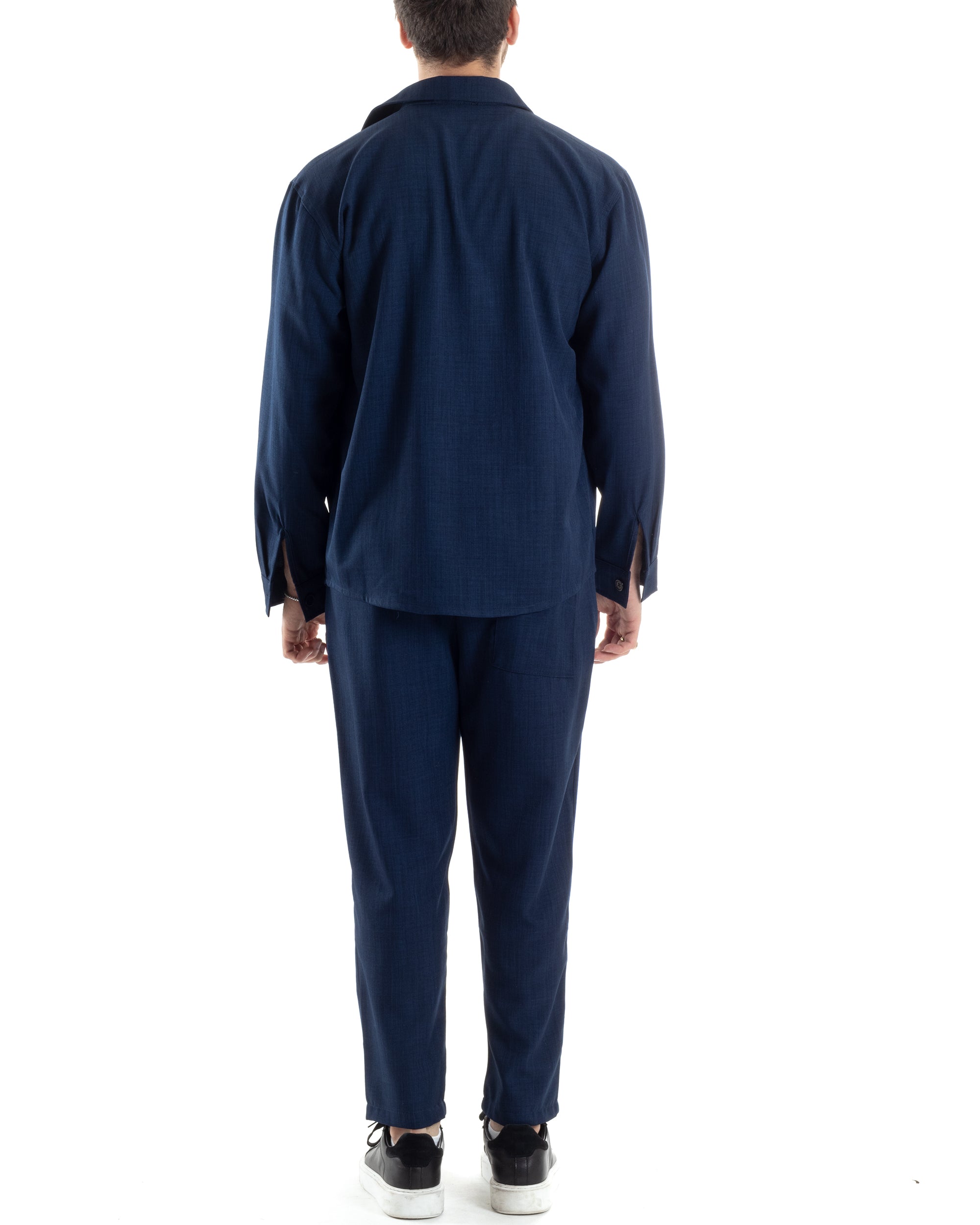 Completo Set Coordinato Uomo Viscosa Camicia Pantaloni Jogger Outfit Melangiato Blu GIOSAL-OU2451A