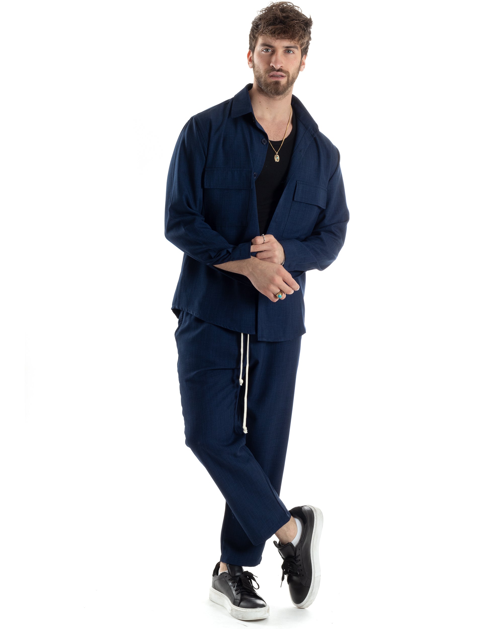 Completo Set Coordinato Uomo Viscosa Camicia Pantaloni Jogger Outfit Melangiato Blu GIOSAL-OU2451A