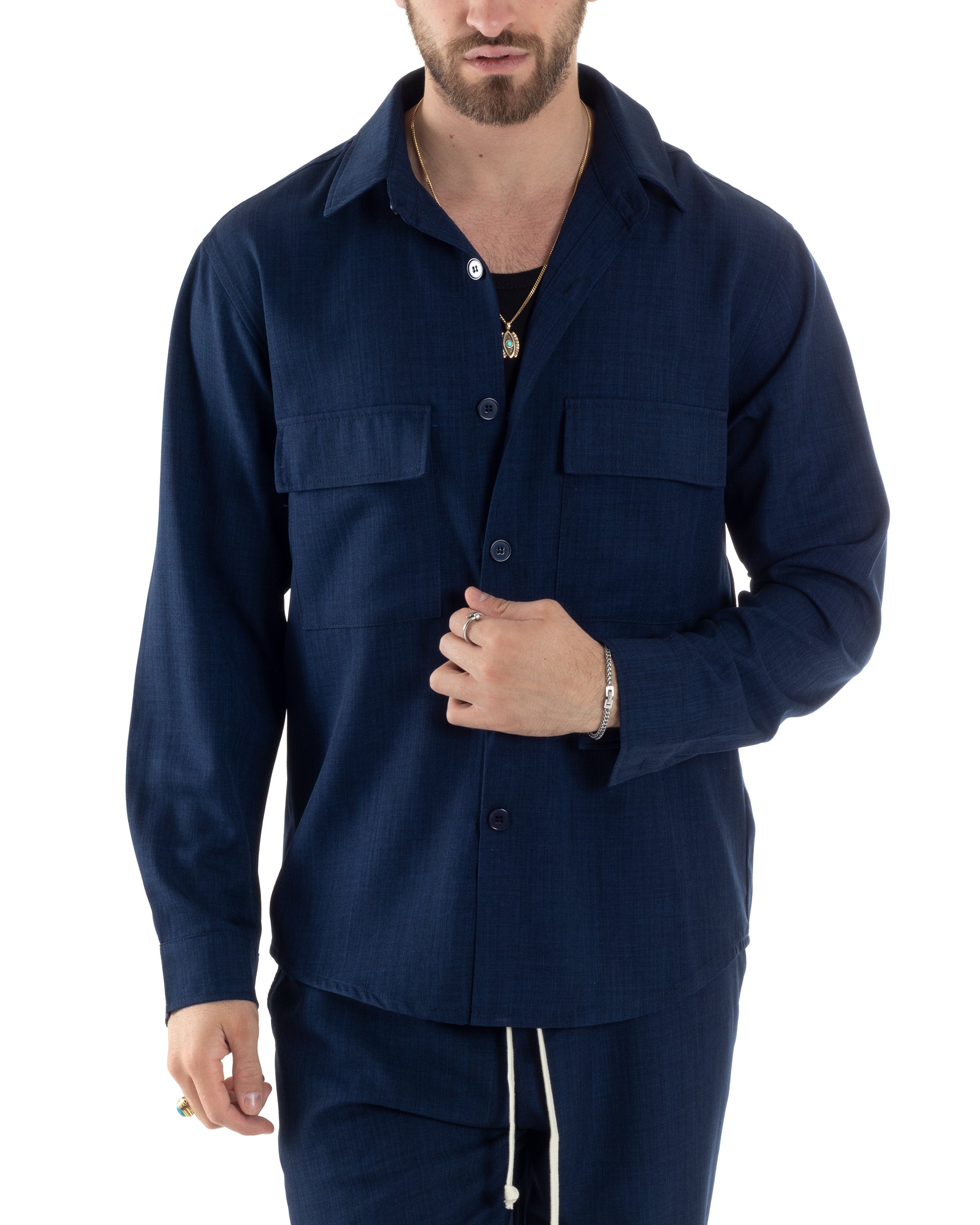 Completo Set Coordinato Uomo Viscosa Camicia Pantaloni Jogger Outfit Melangiato Blu GIOSAL-OU2451A