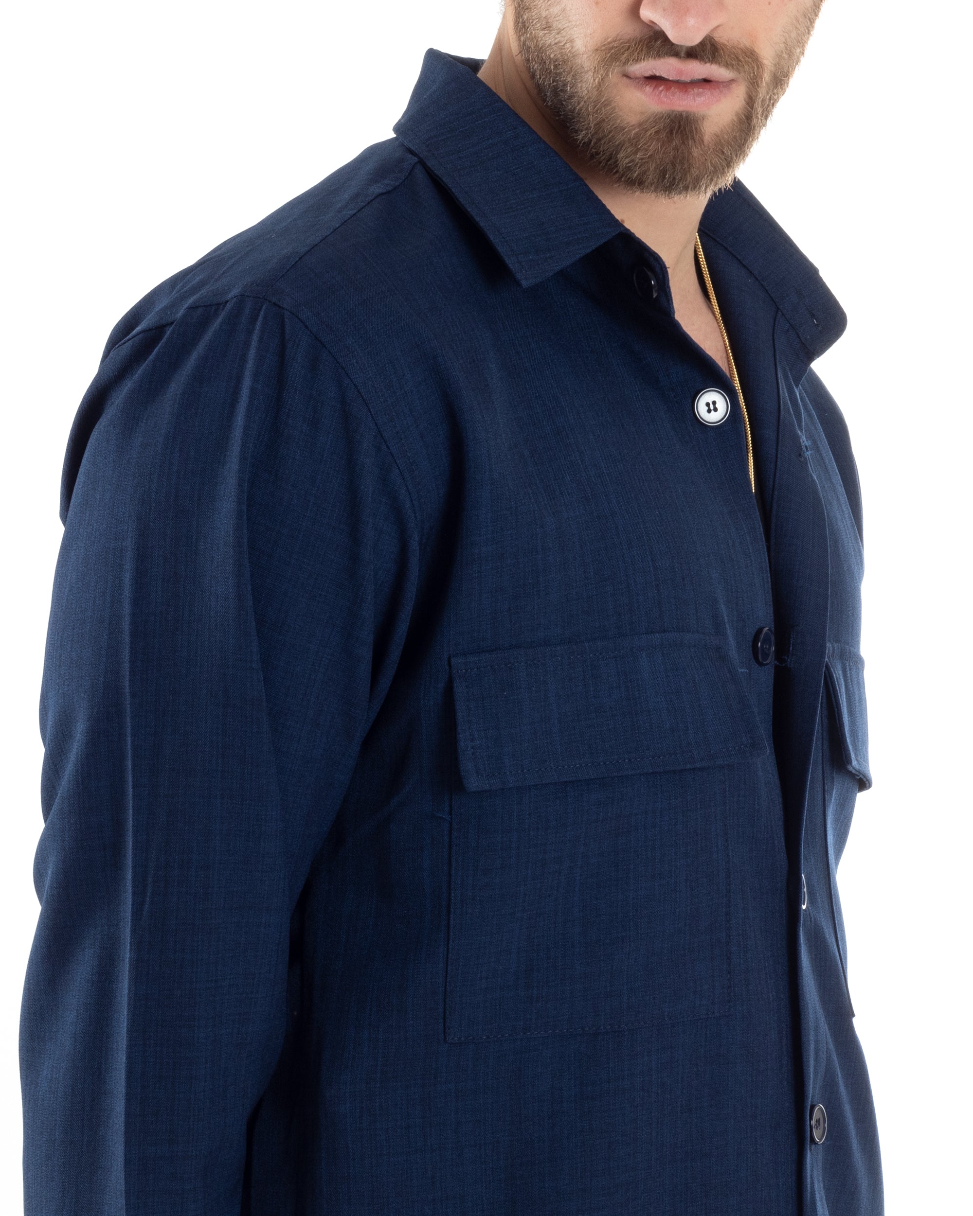 Completo Set Coordinato Uomo Viscosa Camicia Pantaloni Jogger Outfit Melangiato Blu GIOSAL-OU2451A