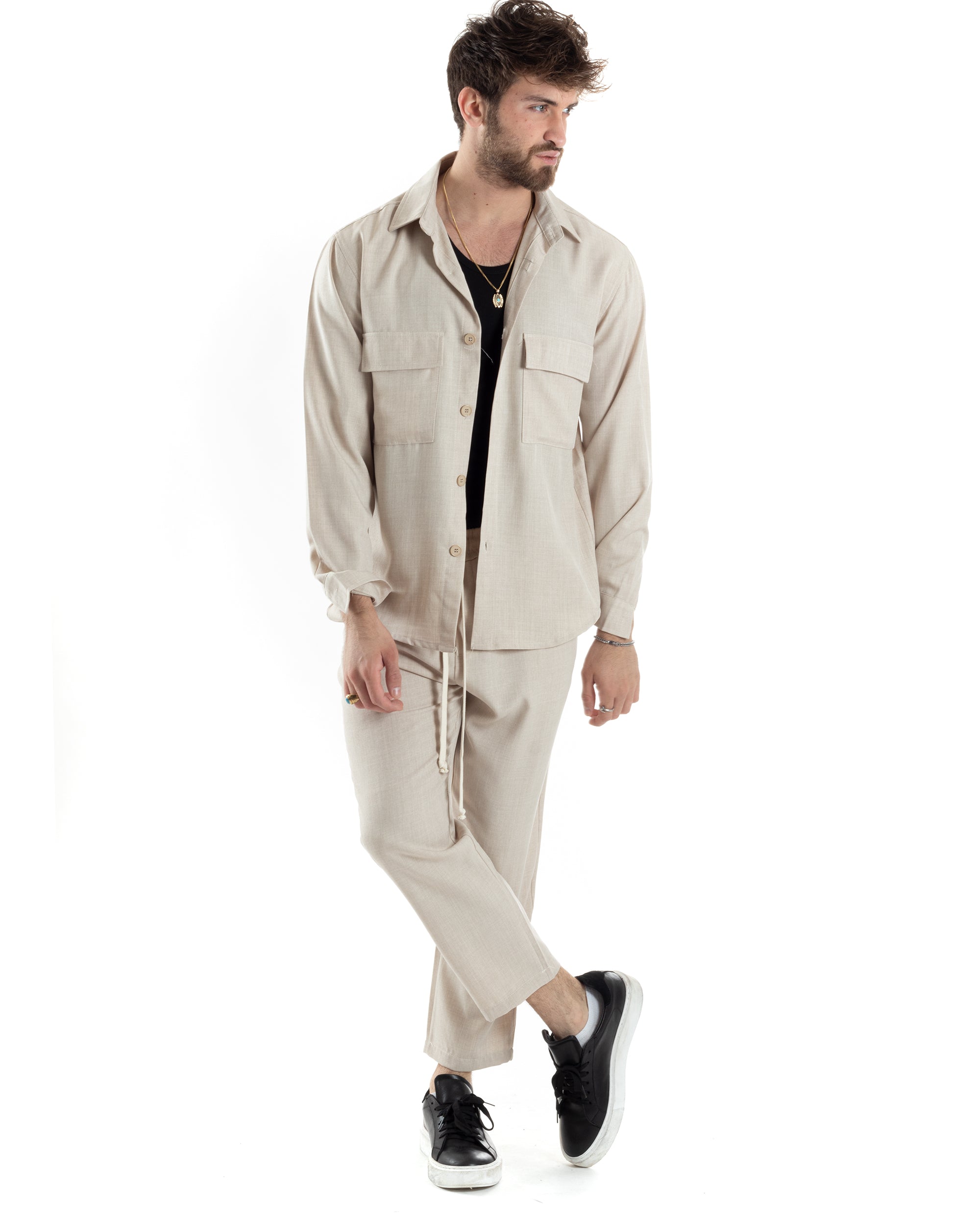 Completo Set Coordinato Uomo Viscosa Camicia Pantaloni Jogger Outfit Melangiato Beige GIOSAL-OU2453A