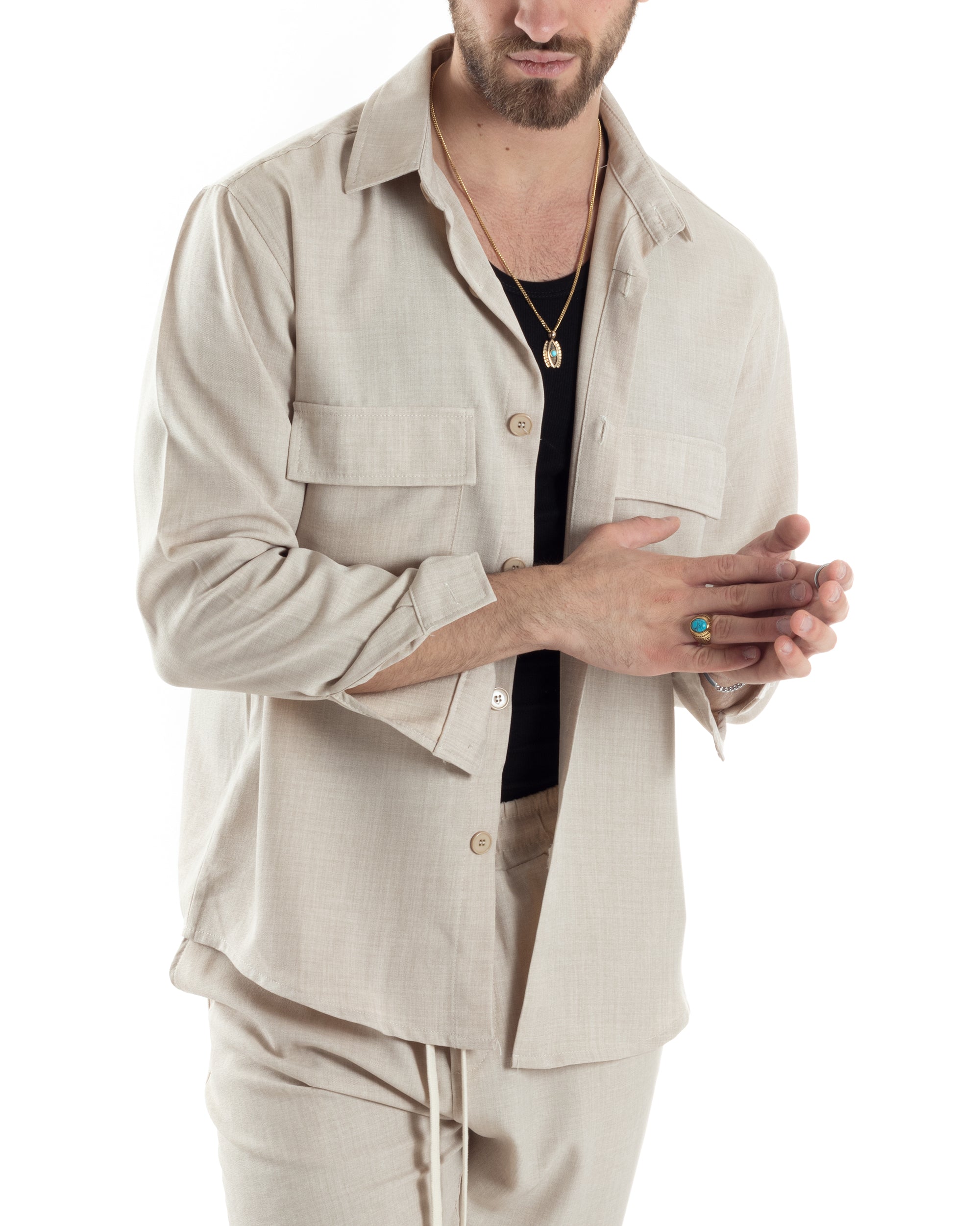 Completo Set Coordinato Uomo Viscosa Camicia Pantaloni Jogger Outfit Melangiato Beige GIOSAL-OU2453A