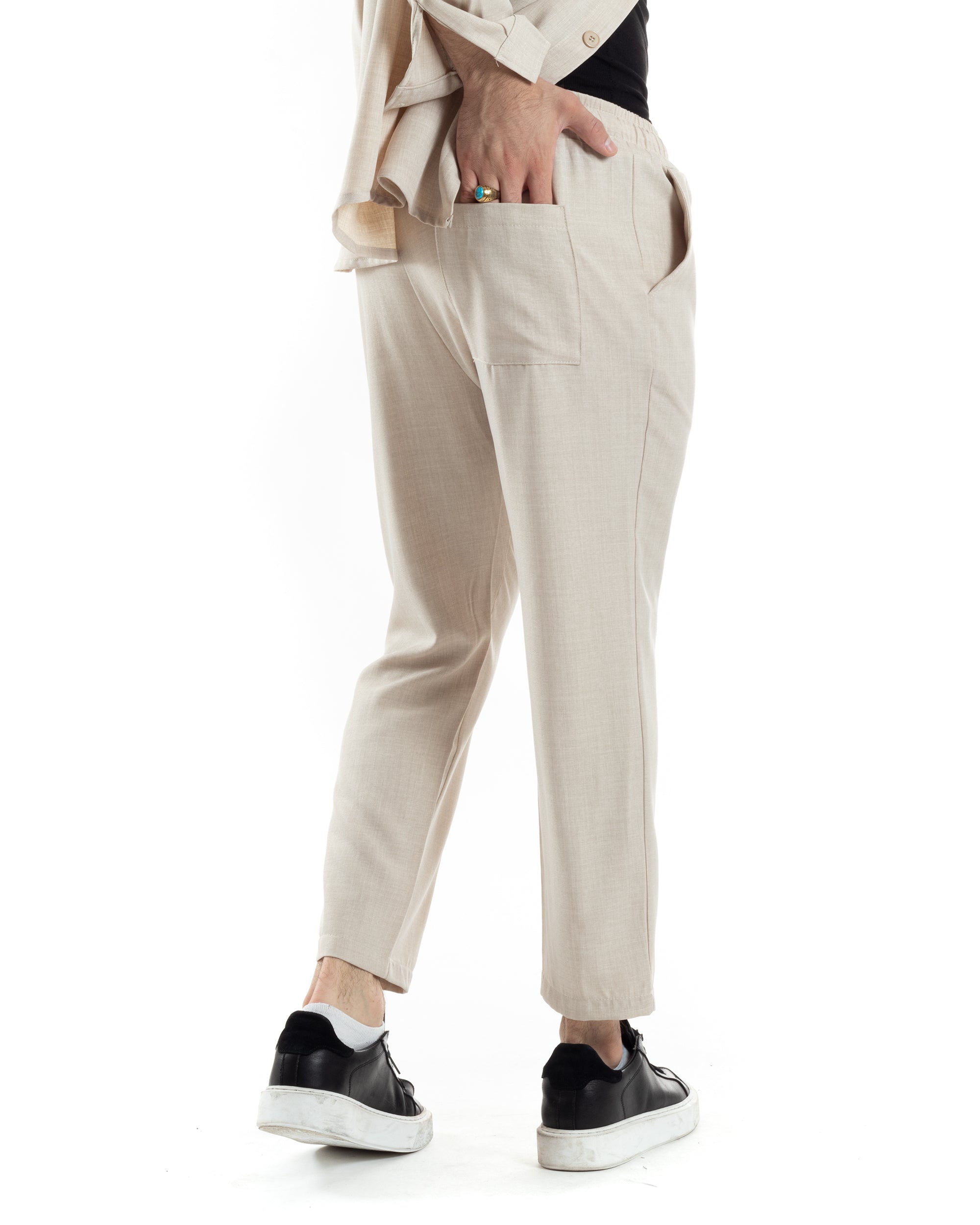 Completo Set Coordinato Uomo Viscosa Camicia Pantaloni Jogger Outfit Melangiato Beige GIOSAL-OU2453A