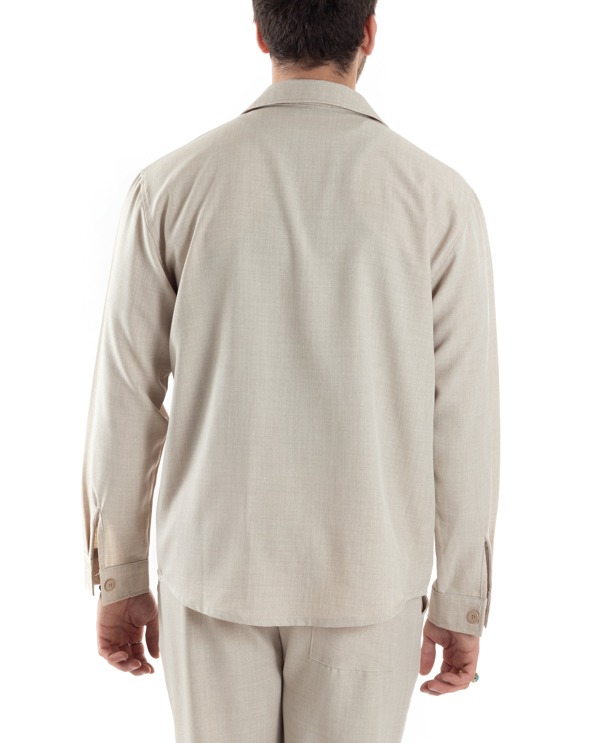 Completo Set Coordinato Uomo Viscosa Camicia Pantaloni Jogger Outfit Melangiato Beige GIOSAL-OU2453A