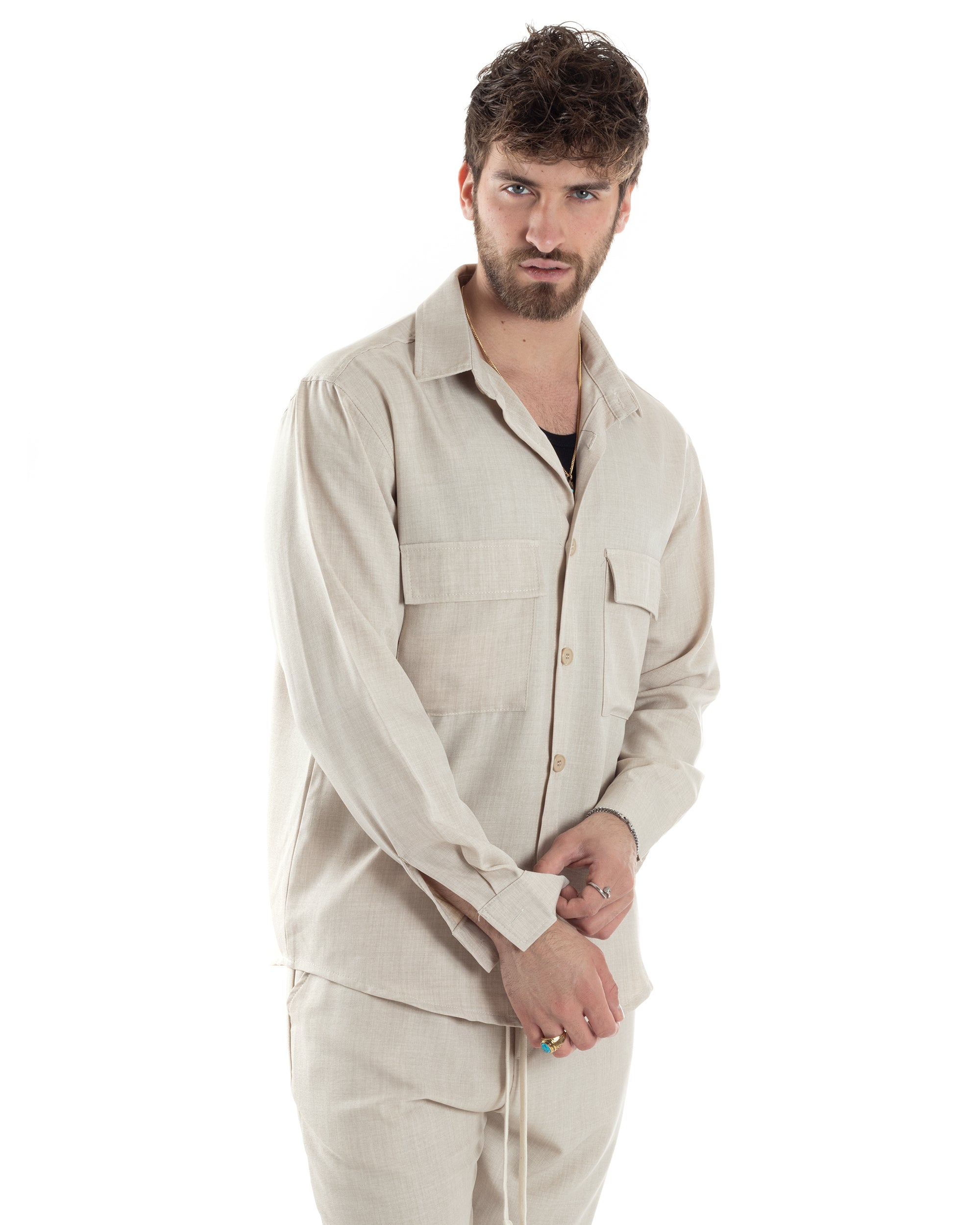 Completo Set Coordinato Uomo Viscosa Camicia Pantaloni Jogger Outfit Melangiato Beige GIOSAL-OU2453A