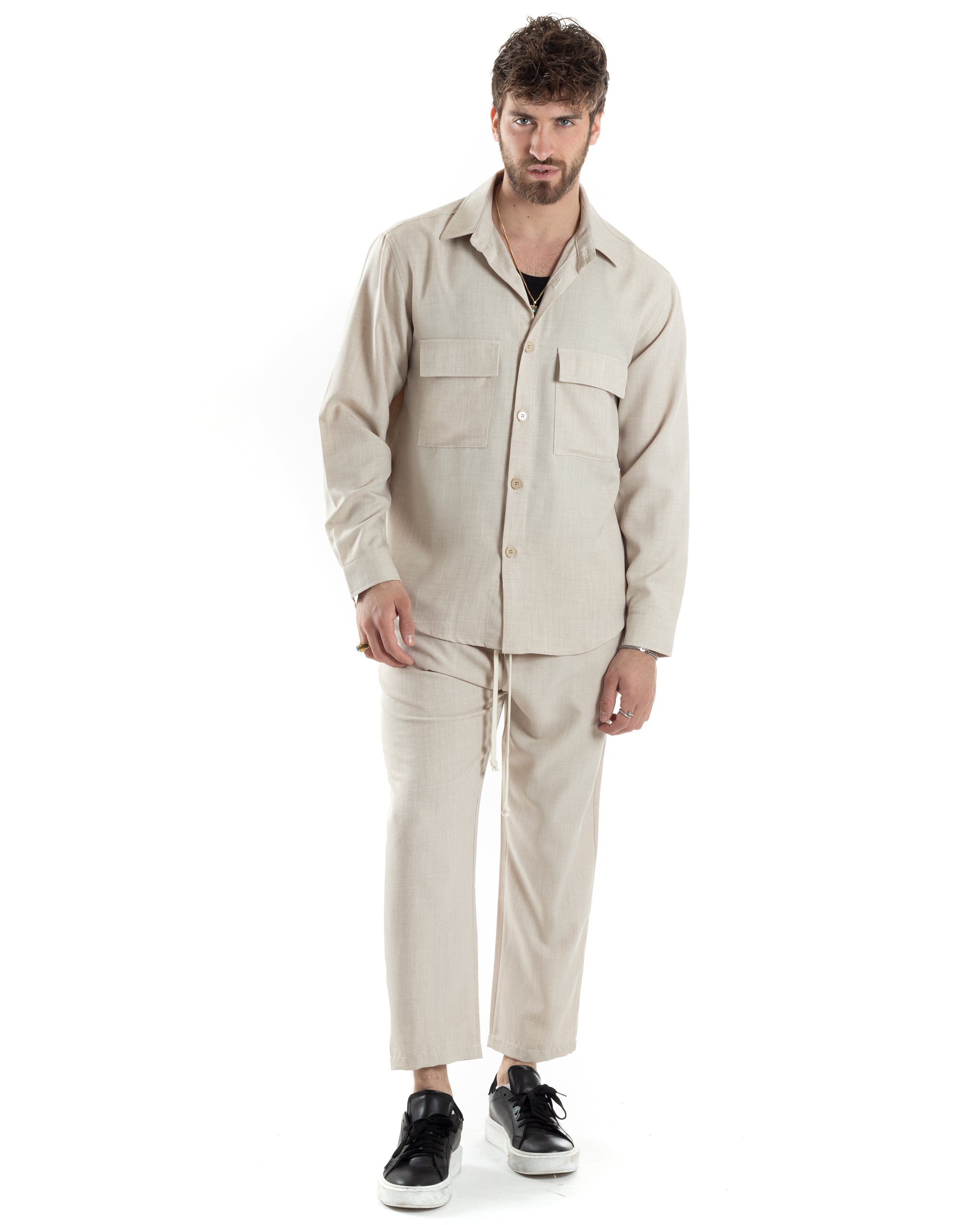 Completo Set Coordinato Uomo Viscosa Camicia Pantaloni Jogger Outfit Melangiato Beige GIOSAL-OU2453A