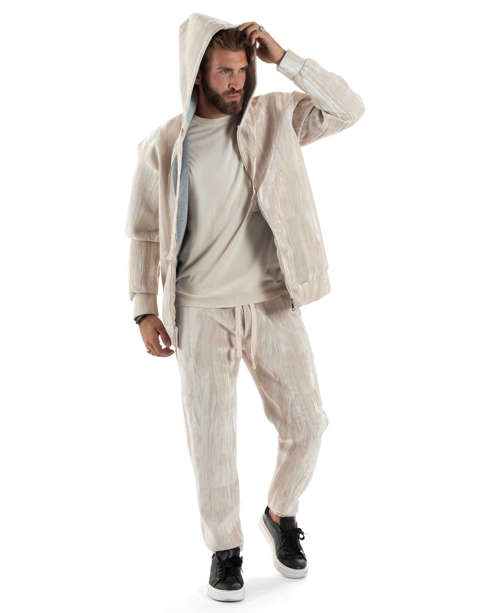 Completo Tuta Uomo Velluto Tracksuit Felpa Con Cappuccio Con Zip Pantaloni Con Coulisse Pantalaccio Panna GIOSAL-OU2479A