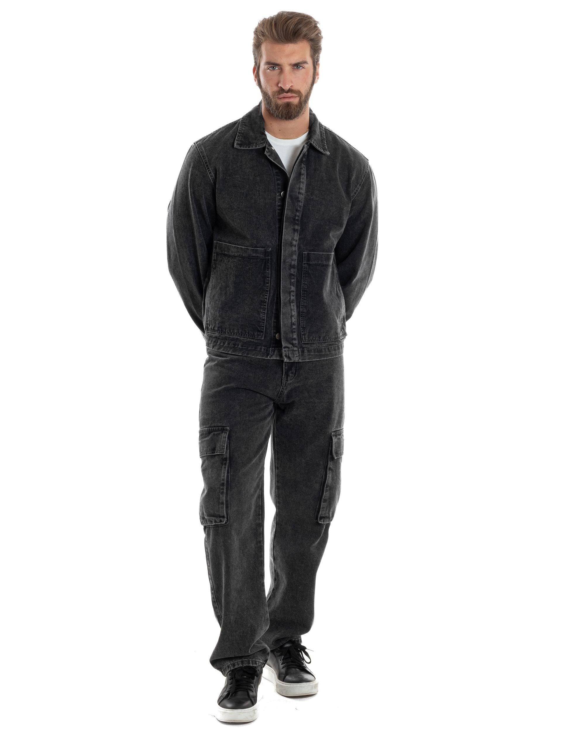 Coordinato Uomo Jeans Completo Denim Nero Giacca Giubbotto Pantaloni Cargo Casual GIOSAL-OU2486A