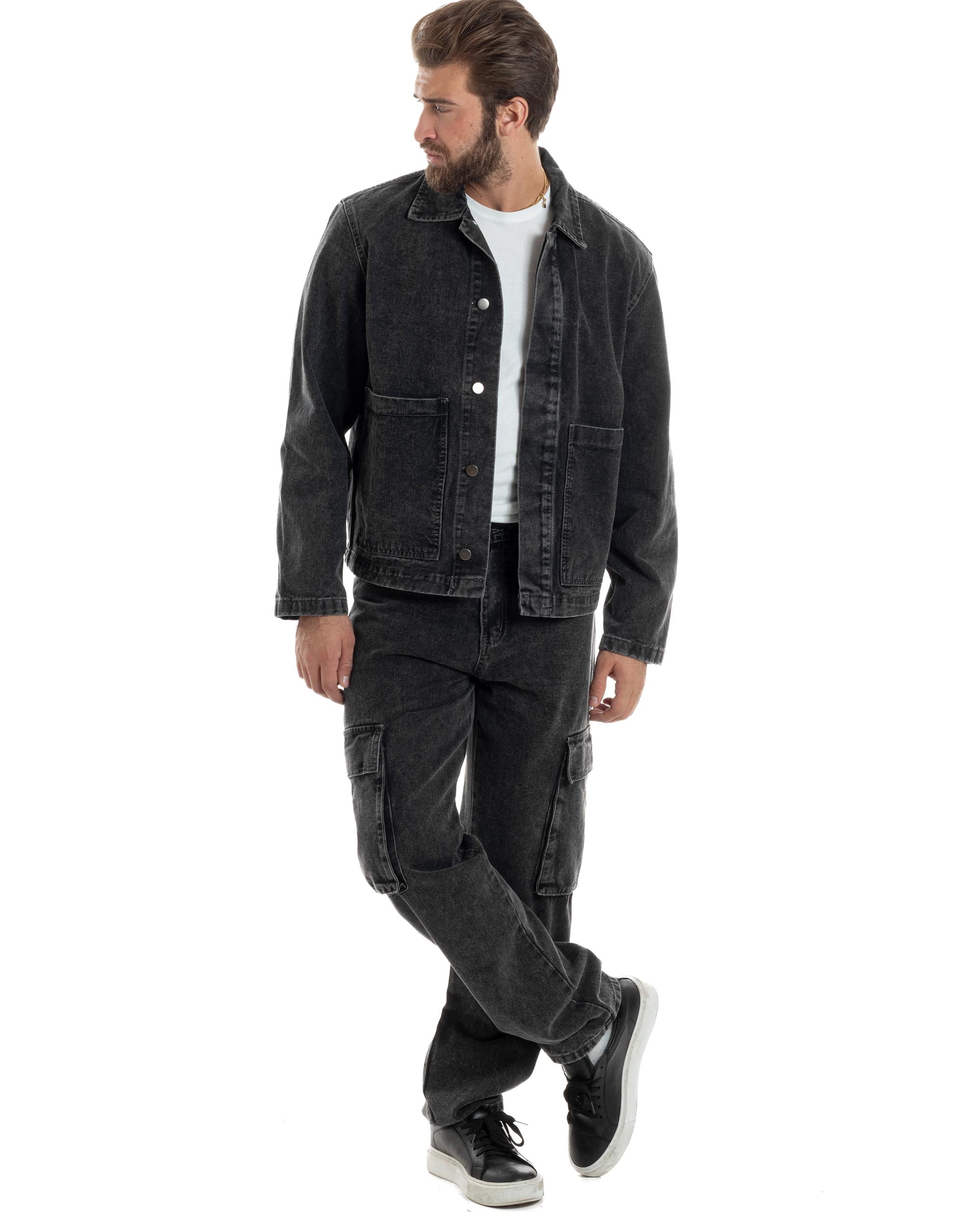Coordinato Uomo Jeans Completo Denim Nero Giacca Giubbotto Pantaloni Cargo Casual GIOSAL-OU2486A