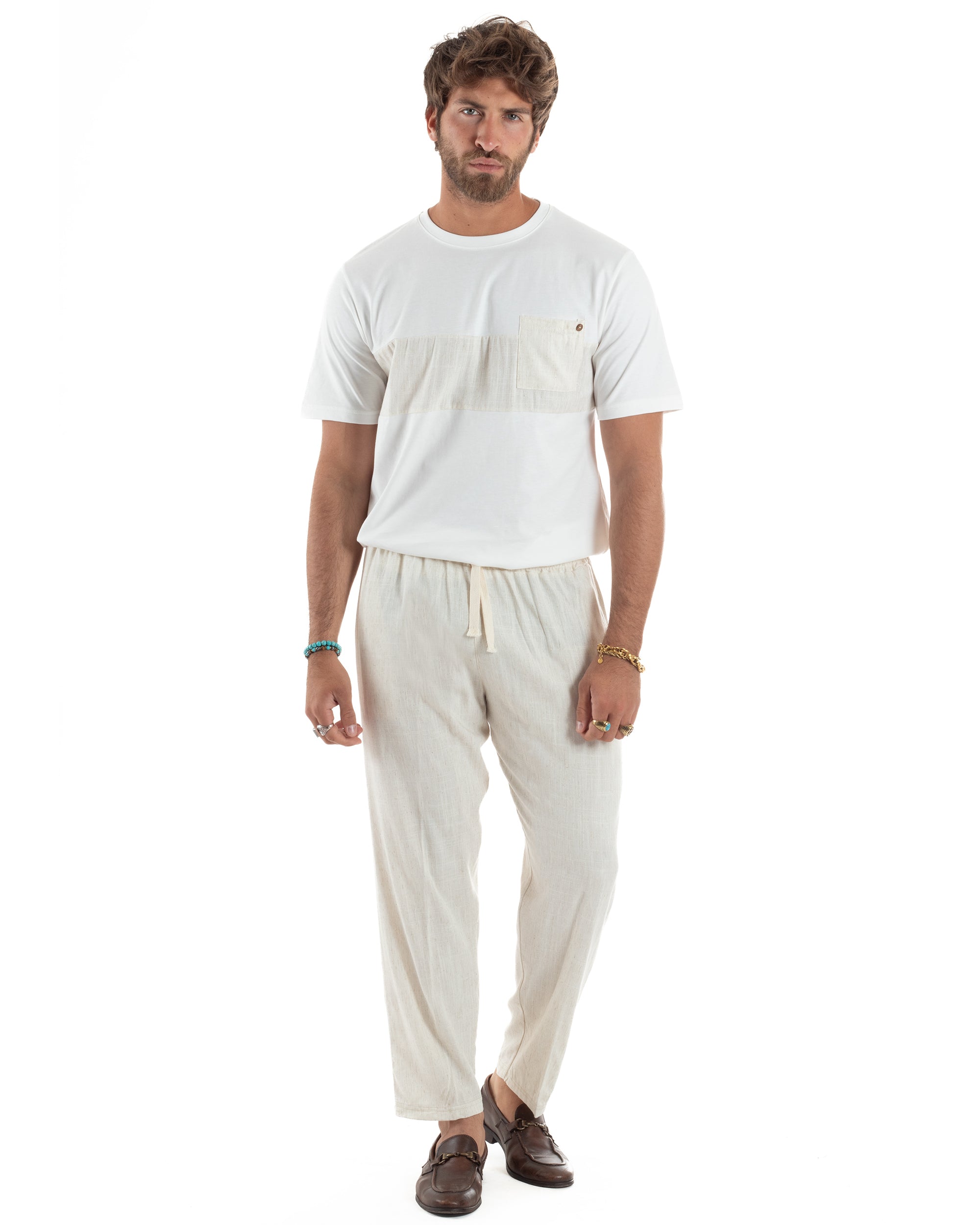 Outfit Uomo T-shirt Pantaloni Lino Cotone Coordinato Maniche Corte