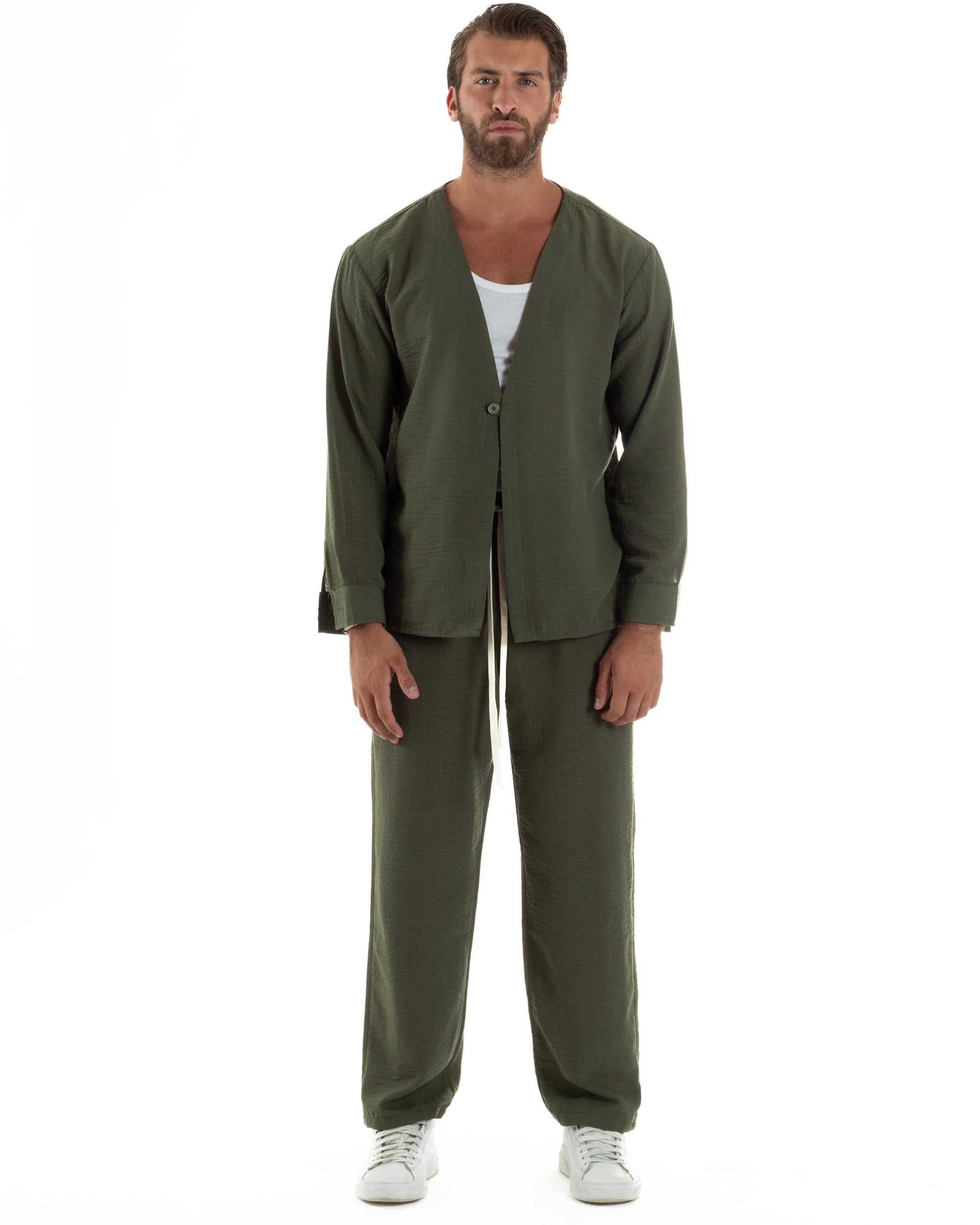 Coordinato Viscosa Fiammato Giacca Coreana Scollo V Pantaloni Baggy OU2527A
