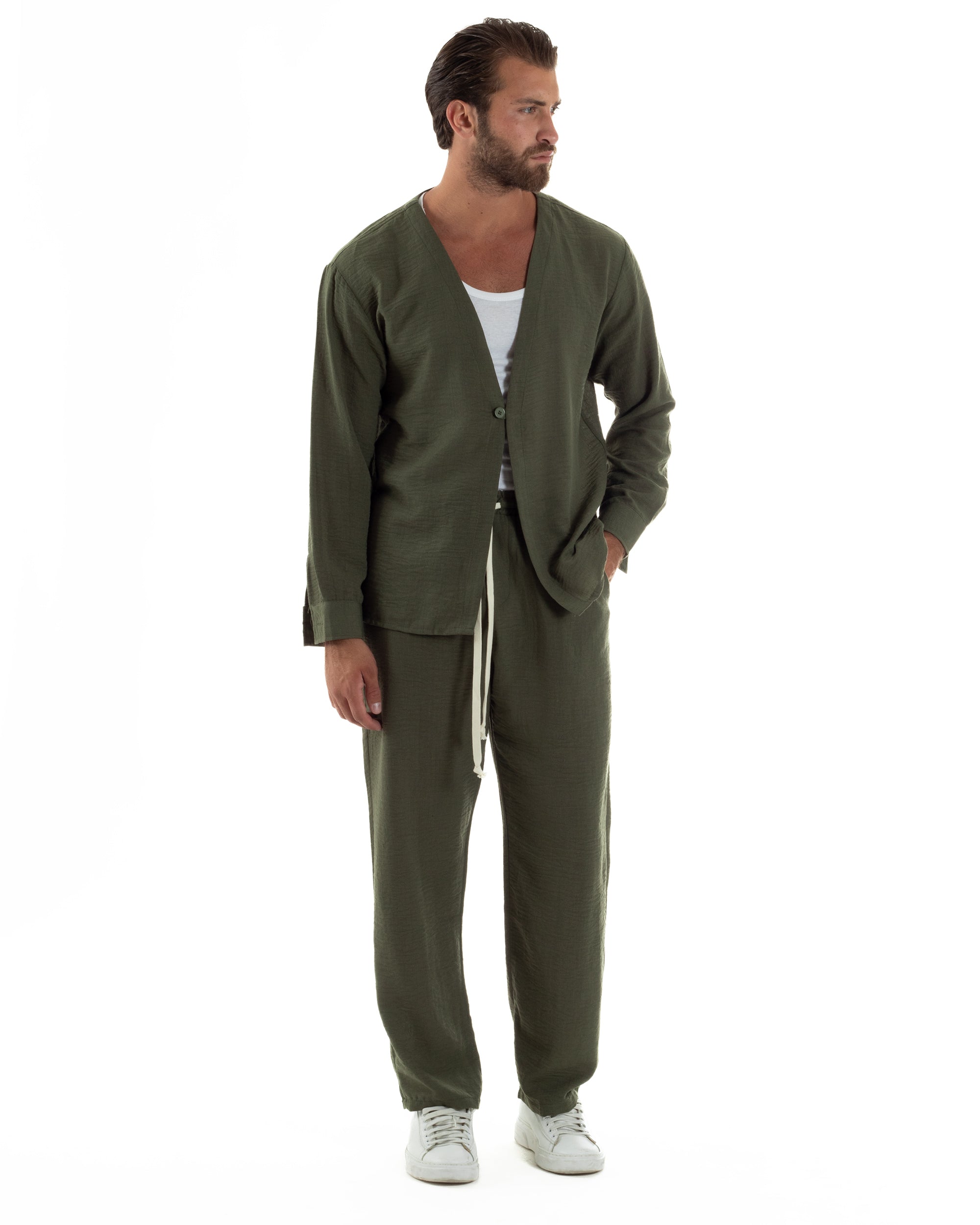 Coordinato Viscosa Fiammato Giacca Senza Rever Pantaloni Baggy OU2527A