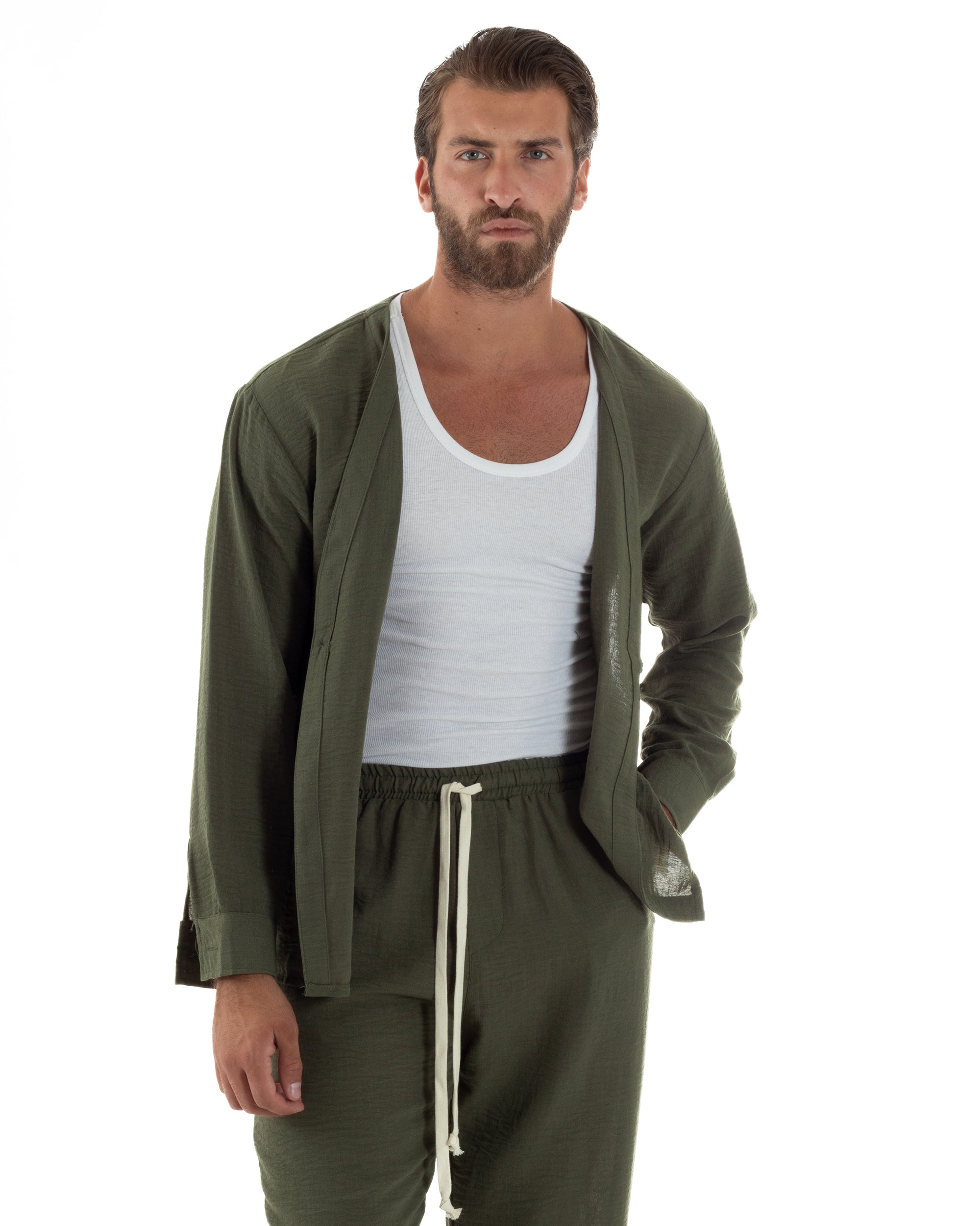 Coordinato Viscosa Fiammato Giacca Coreana Scollo V Pantaloni Baggy OU2527A