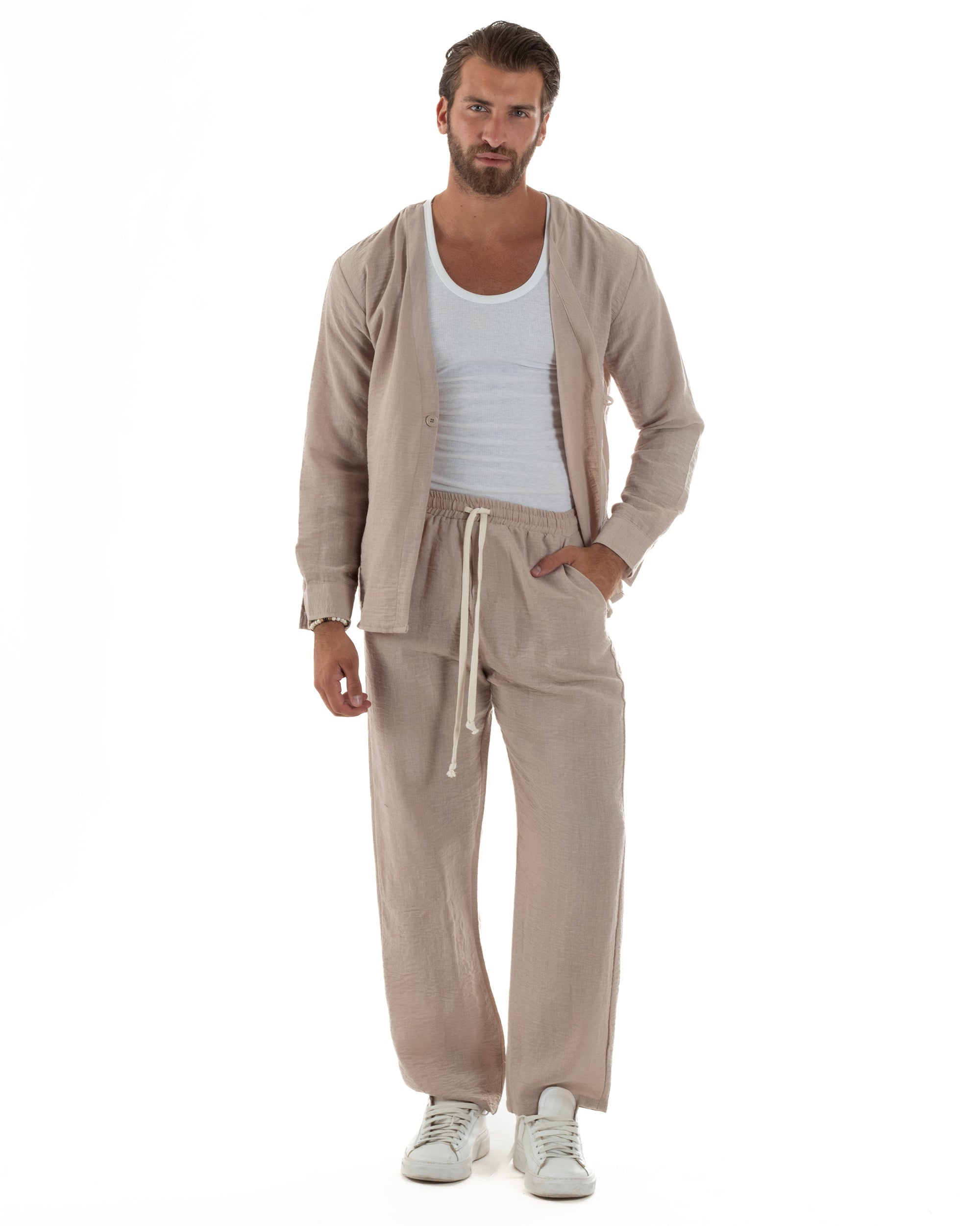 Coordinato Viscosa Fiammato Giacca Senza Rever Pantaloni Baggy OU2528A