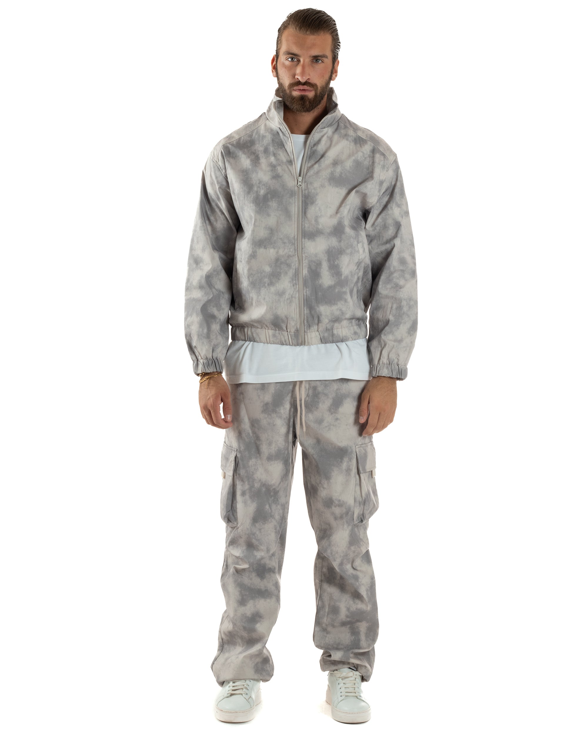 Coordinato Tuta Giacca Giubbotto Pantaloni Baggy Cargo Tie Dye Beige OU2529A