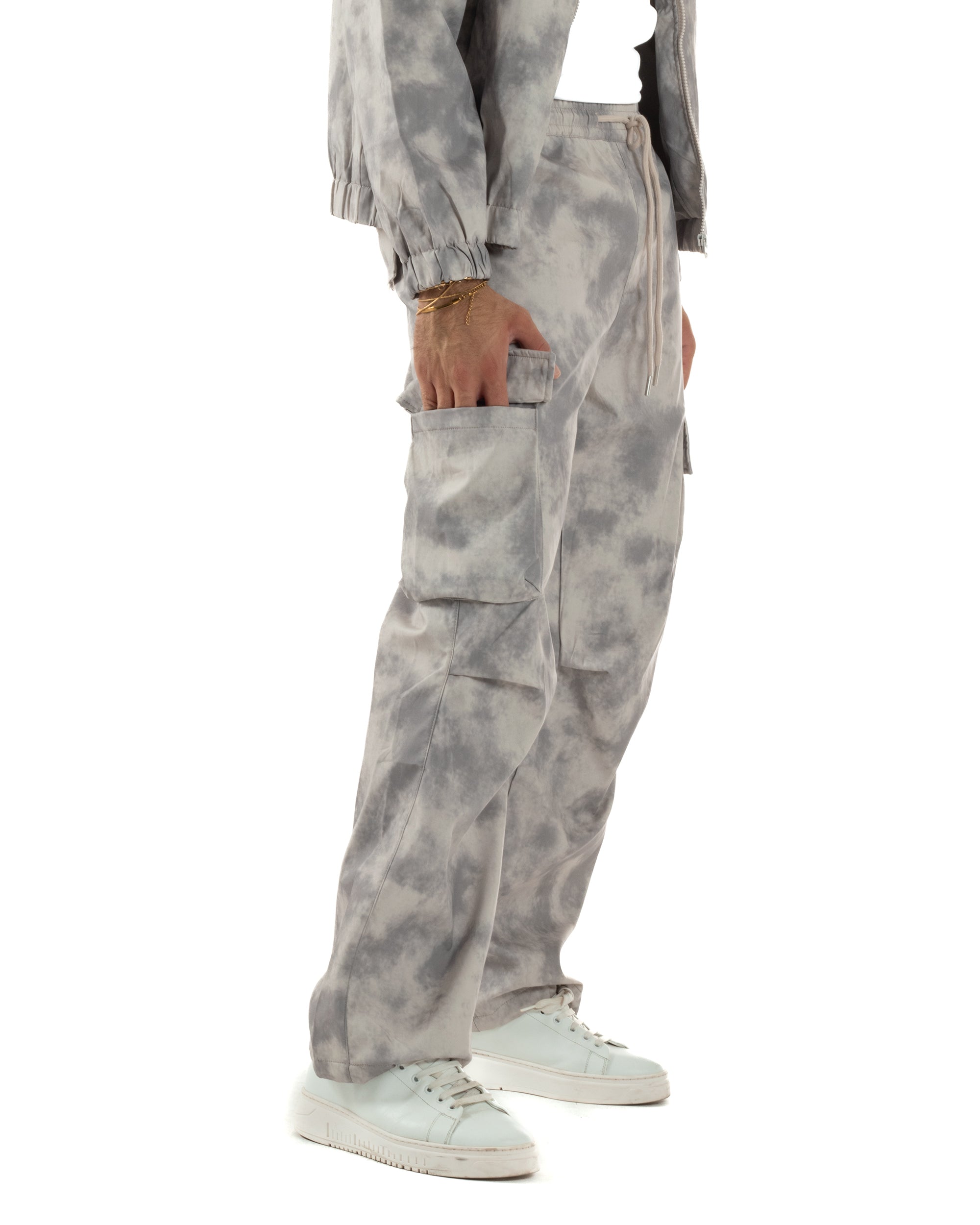 Coordinato Tuta Giacca Giubbotto Pantaloni Baggy Cargo Tie Dye Beige OU2529A