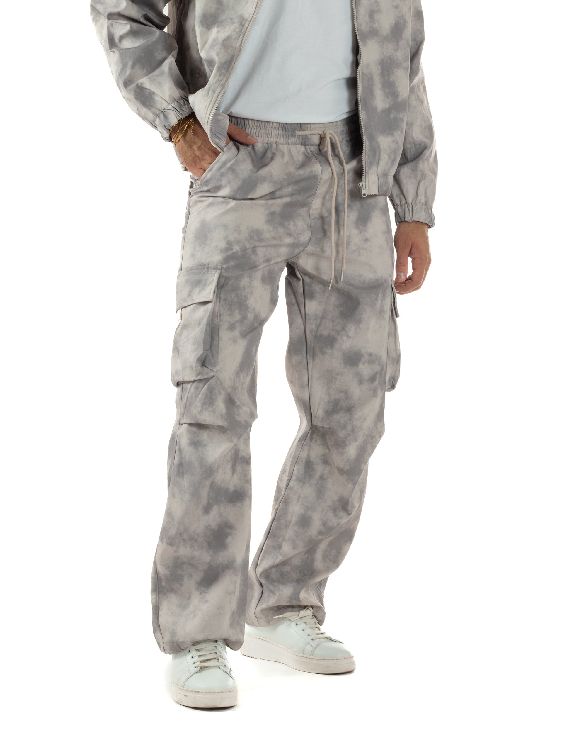 Coordinato Tuta Giacca Giubbotto Pantaloni Baggy Cargo Tie Dye Beige OU2529A