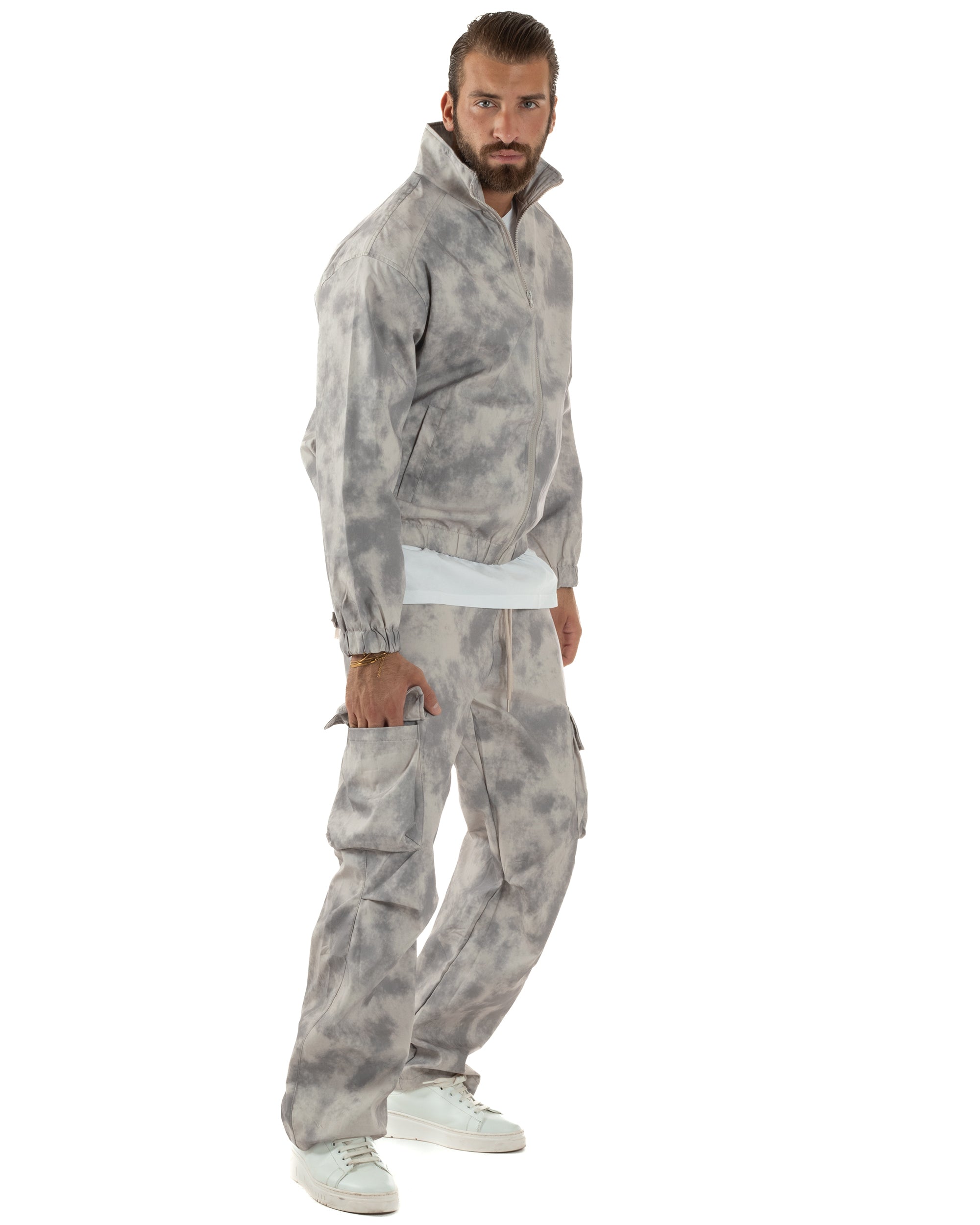 Coordinato Tuta Giacca Giubbotto Pantaloni Baggy Cargo Tie Dye Beige OU2529A