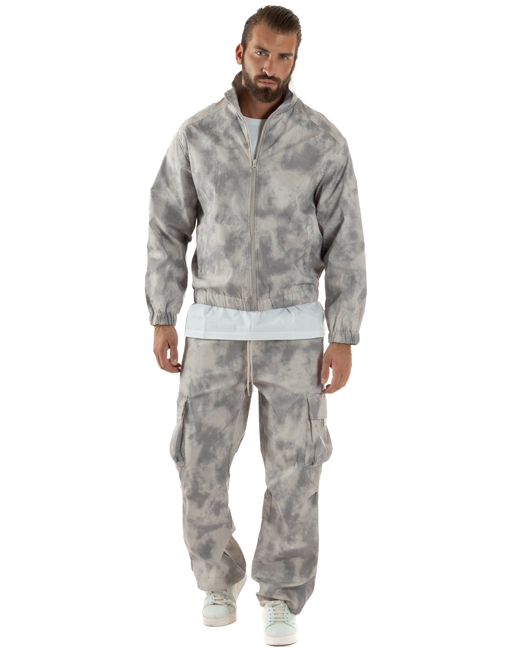 Coordinato Tuta Giacca Giubbotto Pantaloni Baggy Cargo Tie Dye Beige OU2529A