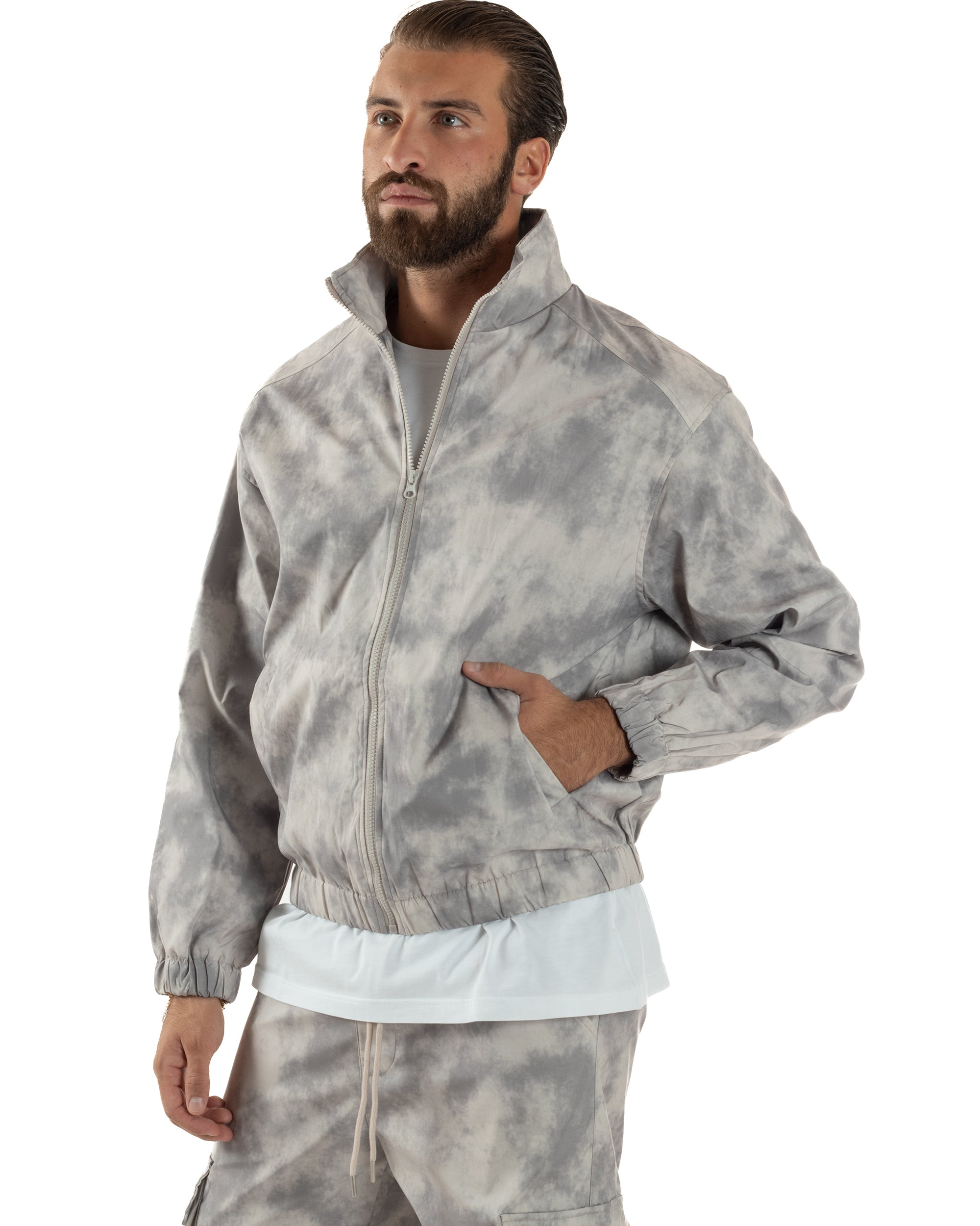 Coordinato Tuta Giacca Giubbotto Pantaloni Baggy Cargo Tie Dye Beige OU2529A