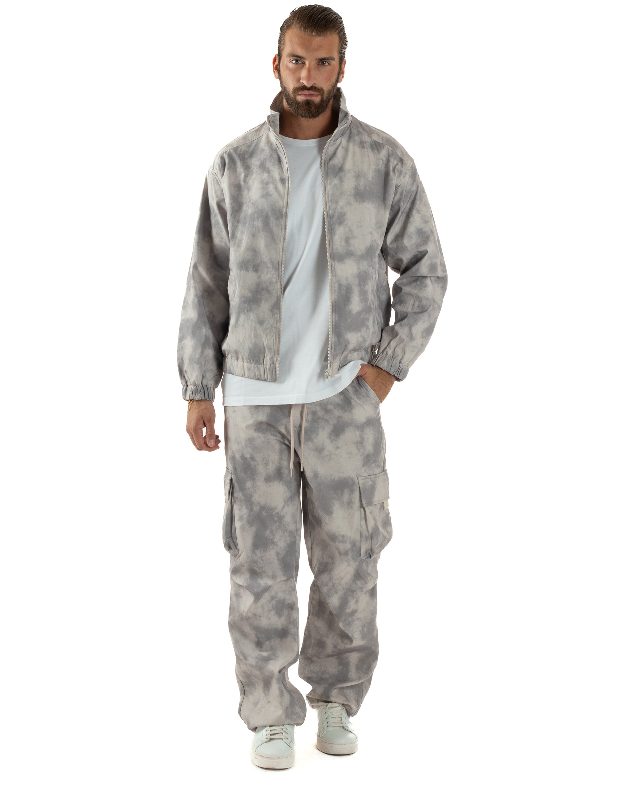 Coordinato Tuta Giacca Giubbotto Pantaloni Baggy Cargo Tie Dye Beige OU2529A