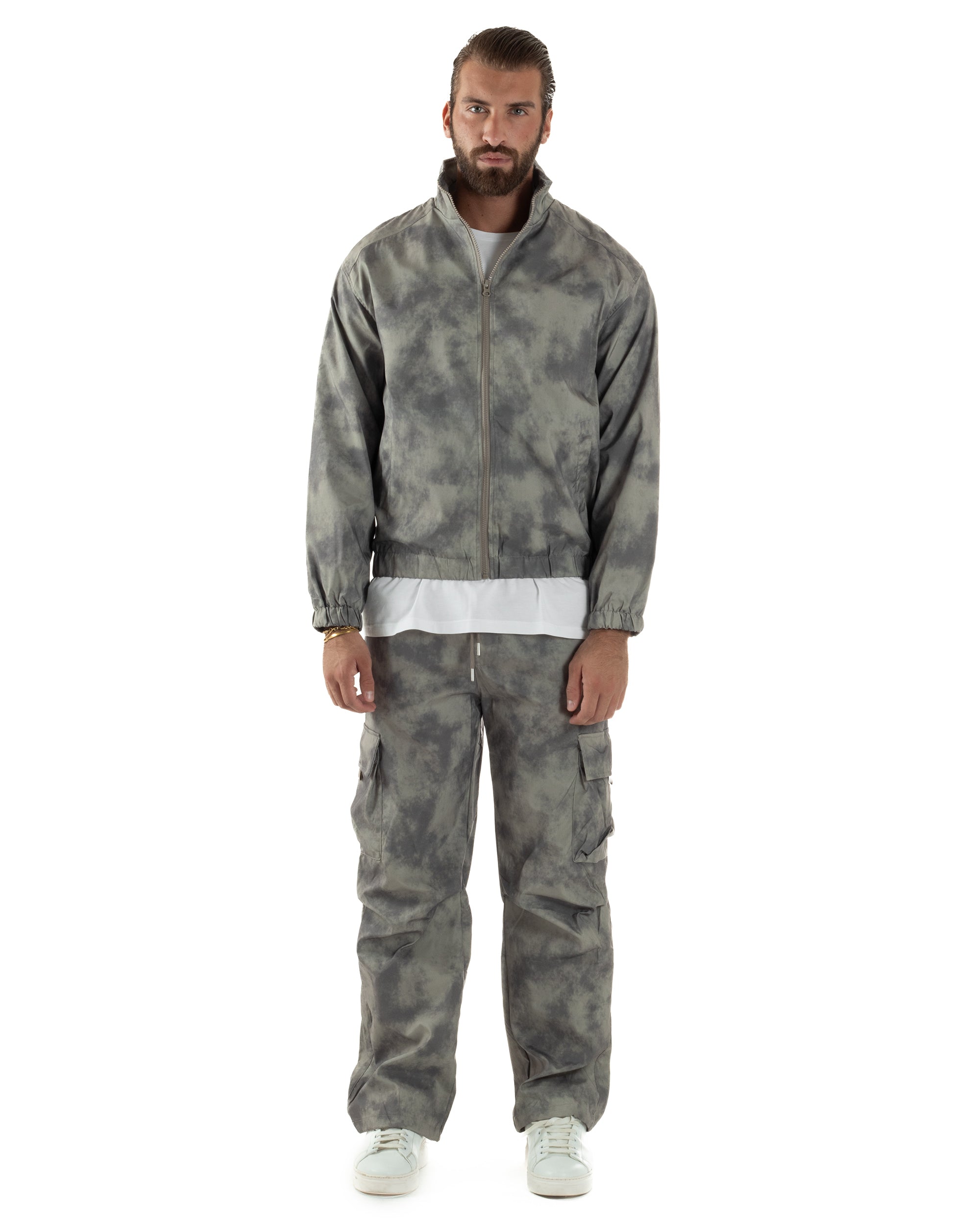 Coordinato Tuta Giacca Giubbotto Pantaloni Baggy Cargo Tie Dye Verde OU2530A