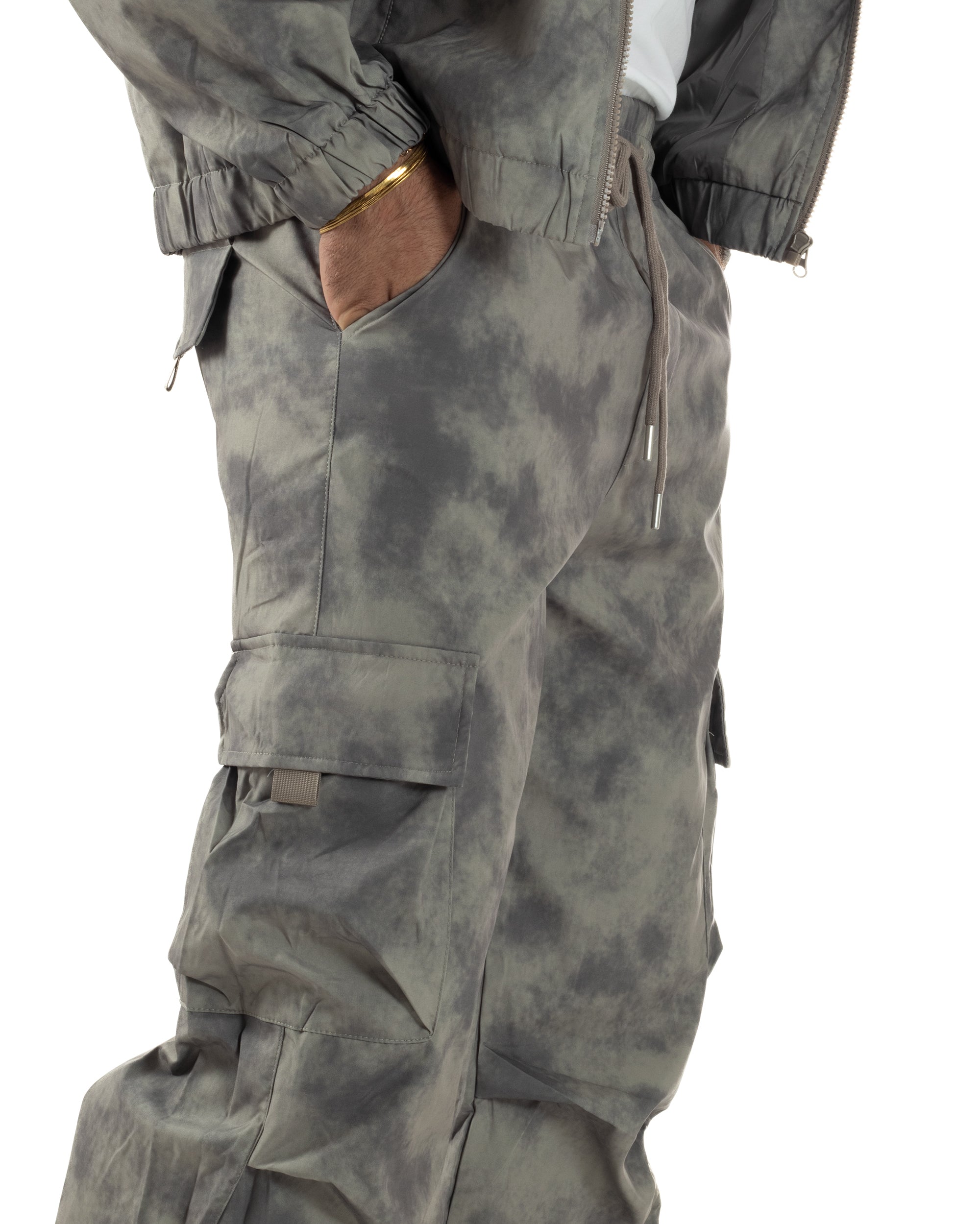 Coordinato Tuta Giacca Giubbotto Pantaloni Baggy Cargo Tie Dye Verde OU2530A