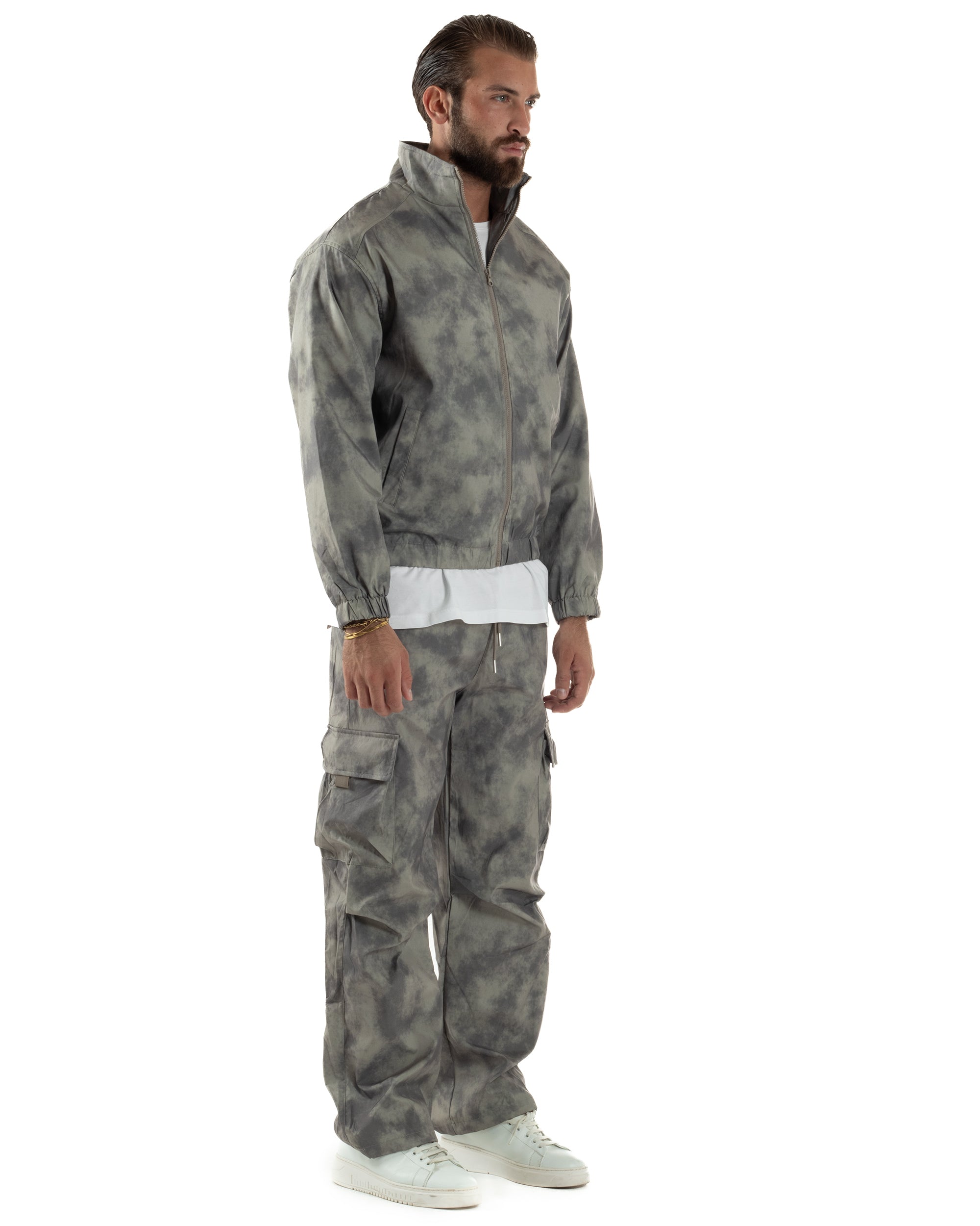 Coordinato Tuta Giacca Giubbotto Pantaloni Baggy Cargo Tie Dye Verde OU2530A