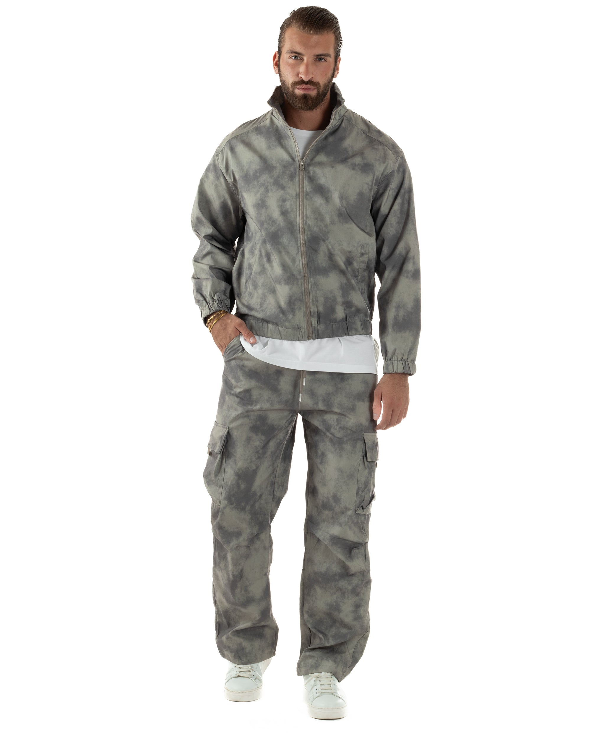 Coordinato Tuta Giacca Giubbotto Pantaloni Baggy Cargo Tie Dye Verde OU2530A