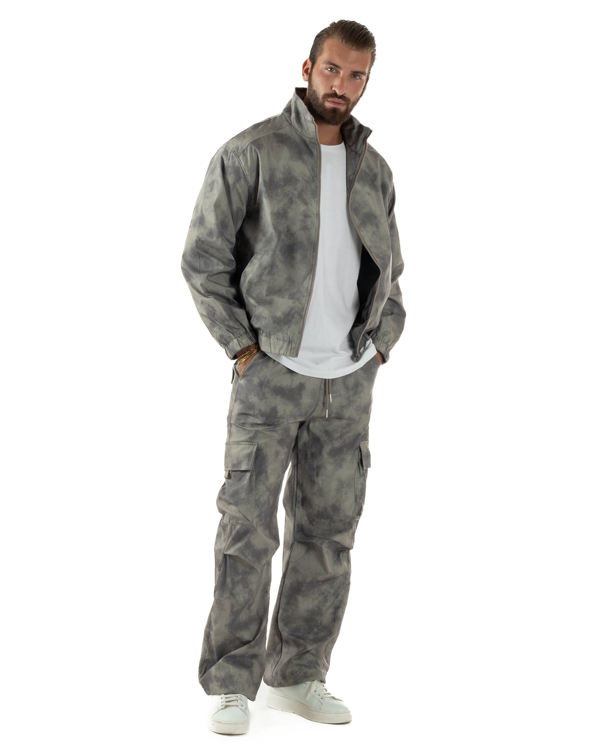 Coordinato Tuta Giacca Giubbotto Pantaloni Baggy Cargo Tie Dye Verde OU2530A