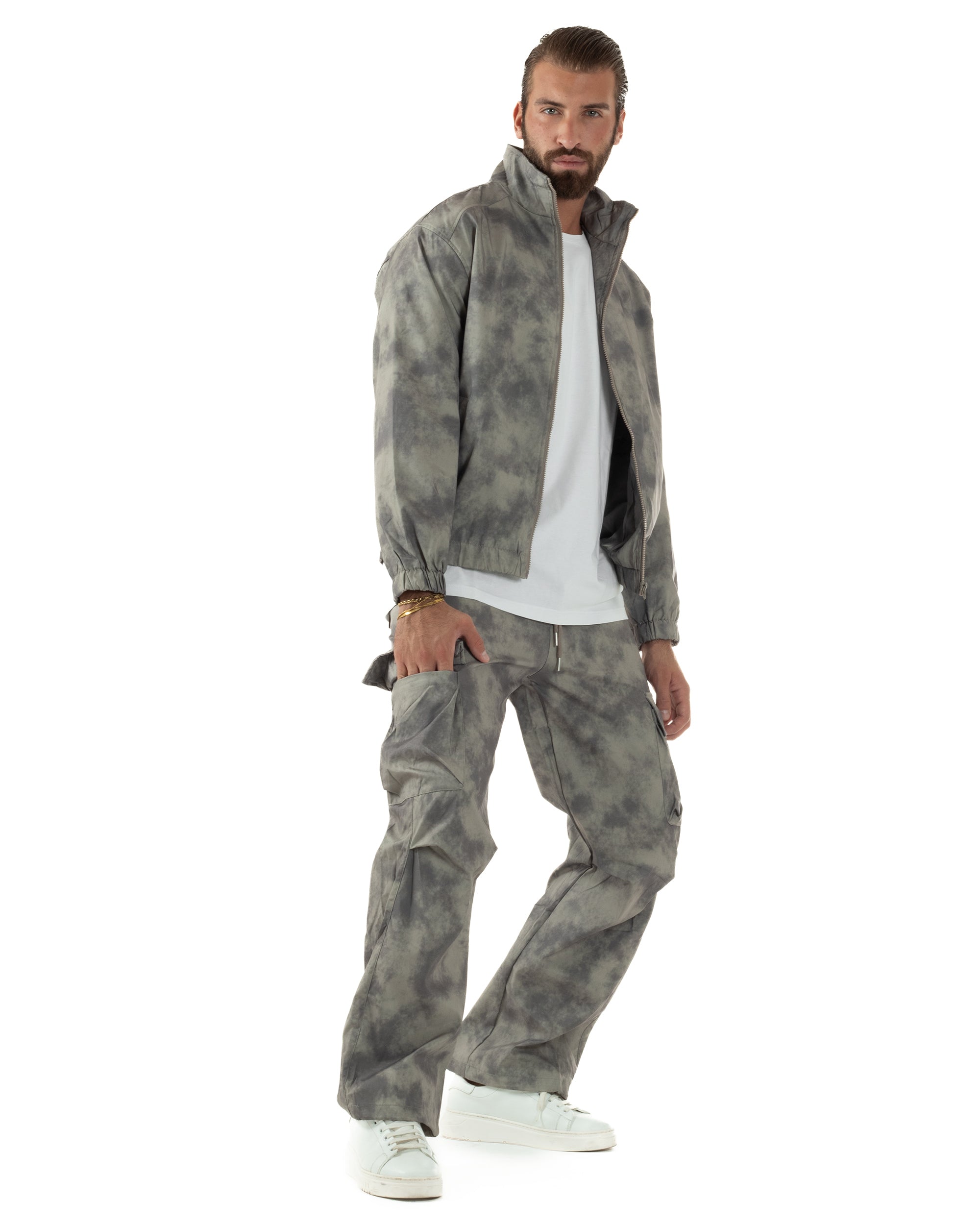 Coordinato Tuta Giacca Giubbotto Pantaloni Baggy Cargo Tie Dye Verde OU2530A