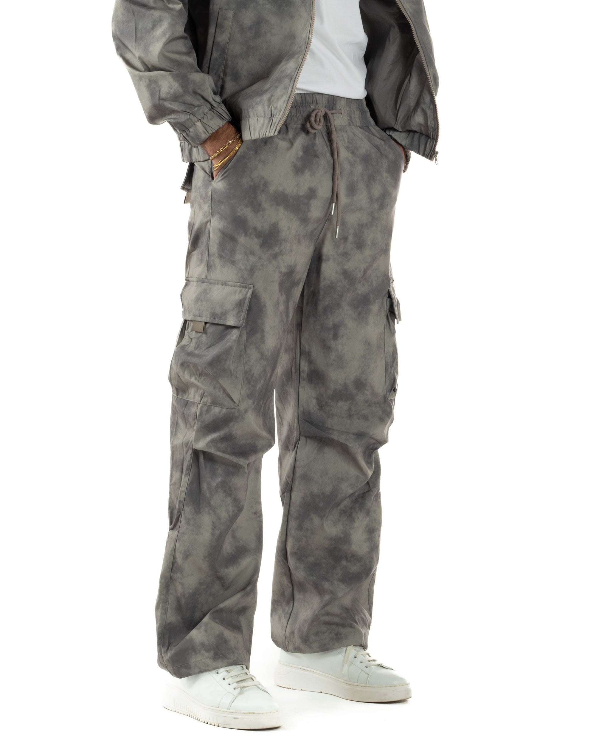 Coordinato Tuta Giacca Giubbotto Pantaloni Baggy Cargo Tie Dye Verde OU2530A