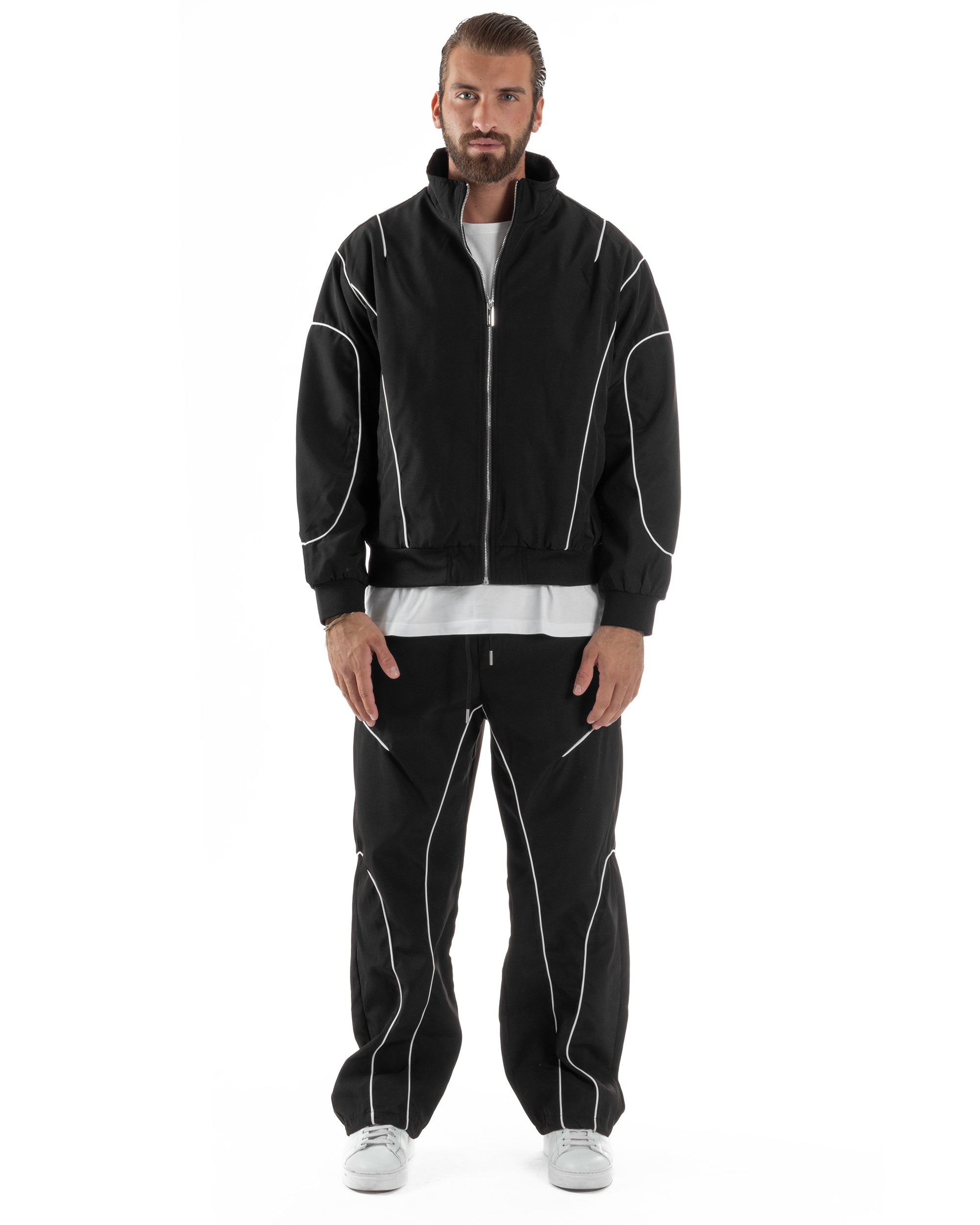 Coordinato Tuta Giacca Giubbotto Pantaloni Baggy Outfit Nero OU2531A