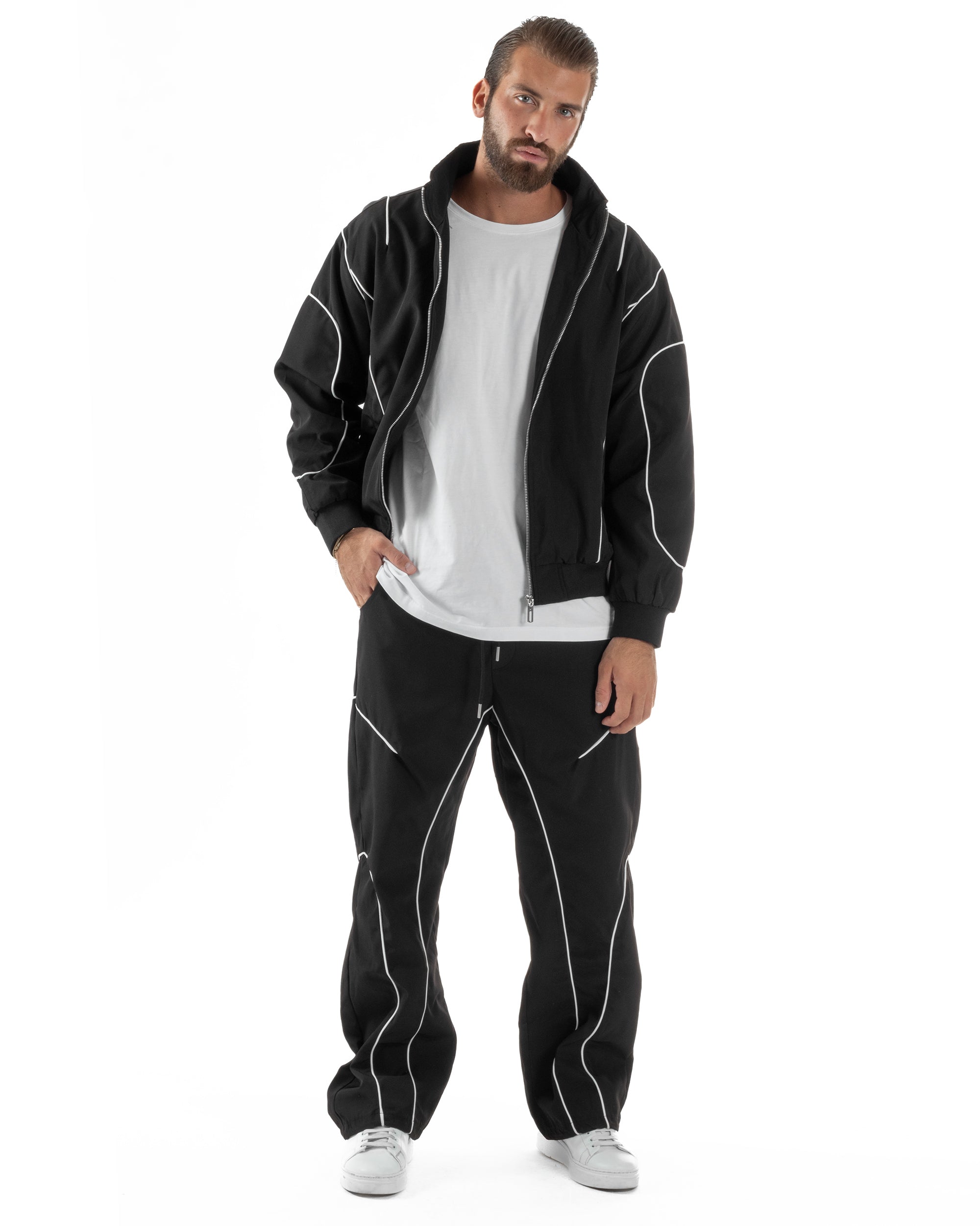 Coordinato Tuta Giacca Giubbotto Pantaloni Baggy Outfit Nero OU2531A