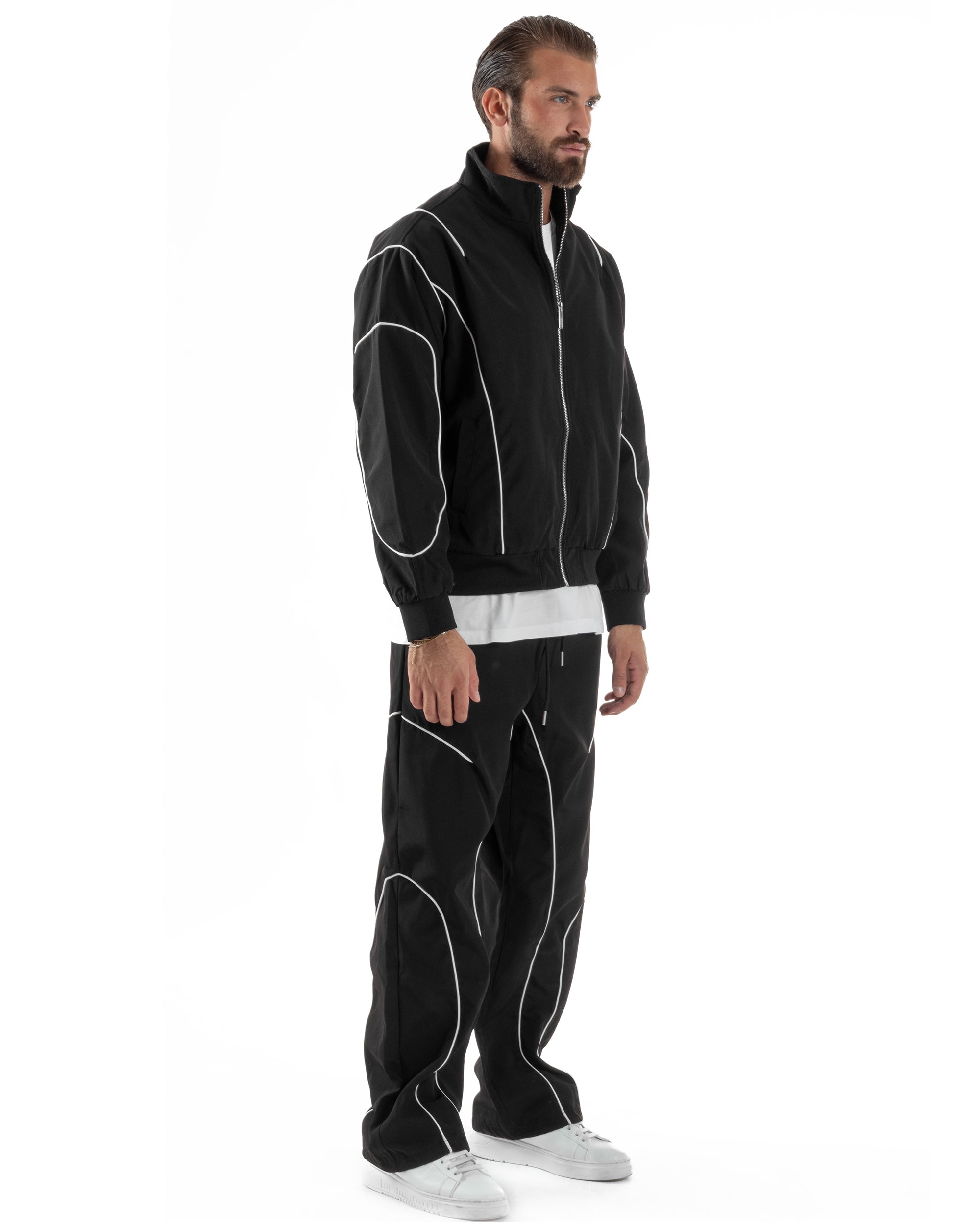 Coordinato Tuta Giacca Giubbotto Pantaloni Baggy Outfit Nero OU2531A