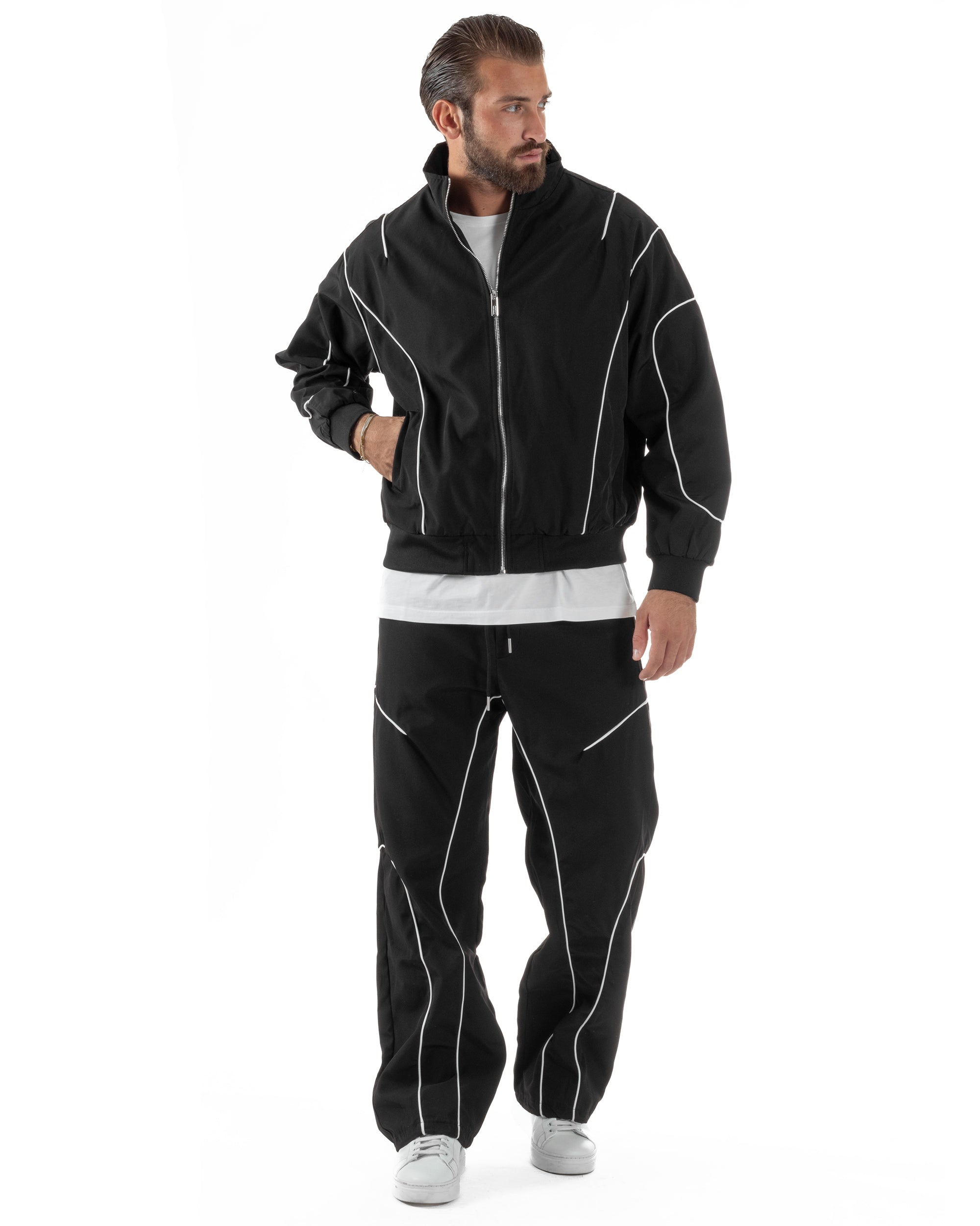 Coordinato Tuta Giacca Giubbotto Pantaloni Baggy Outfit Nero OU2531A