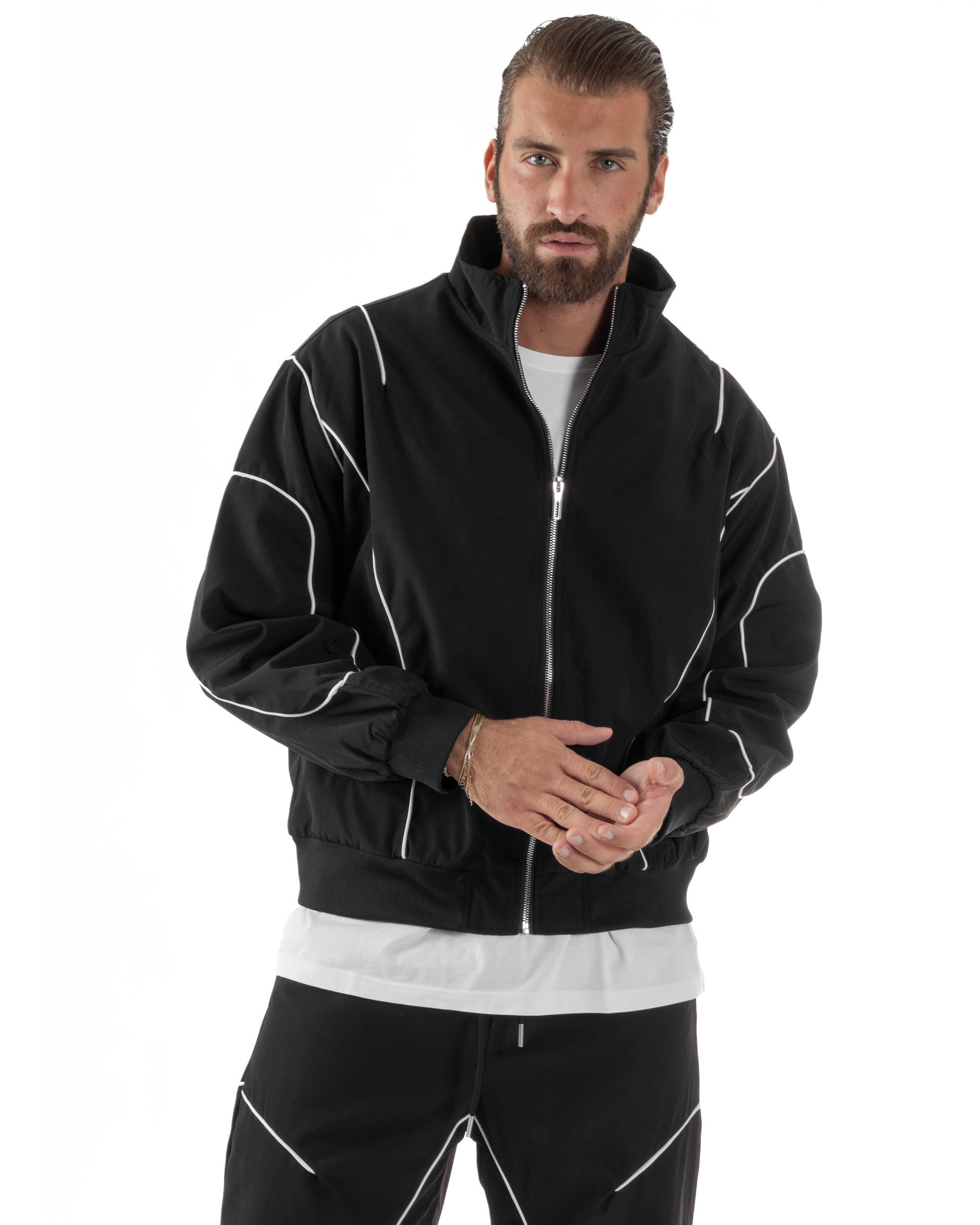 Coordinato Tuta Giacca Giubbotto Pantaloni Baggy Outfit Nero OU2531A